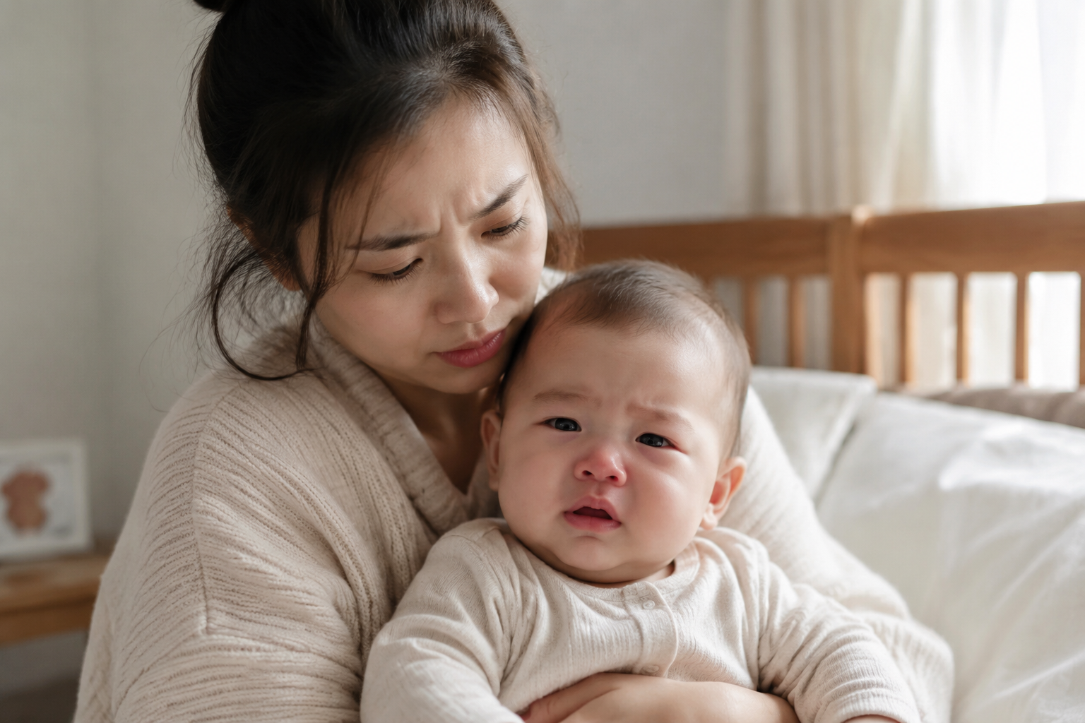 A photorealistic image of an anxious young Chinese mother gently holding her 6-month-old baby in a softly lit bedroom. The baby looks slightly uncomfortable with a slightly red nose, depicting a mild cold. Warm and empathetic atmosphere, soft natural lighting, high resolution, 8k, shot on 85mm lens, highly detailed.