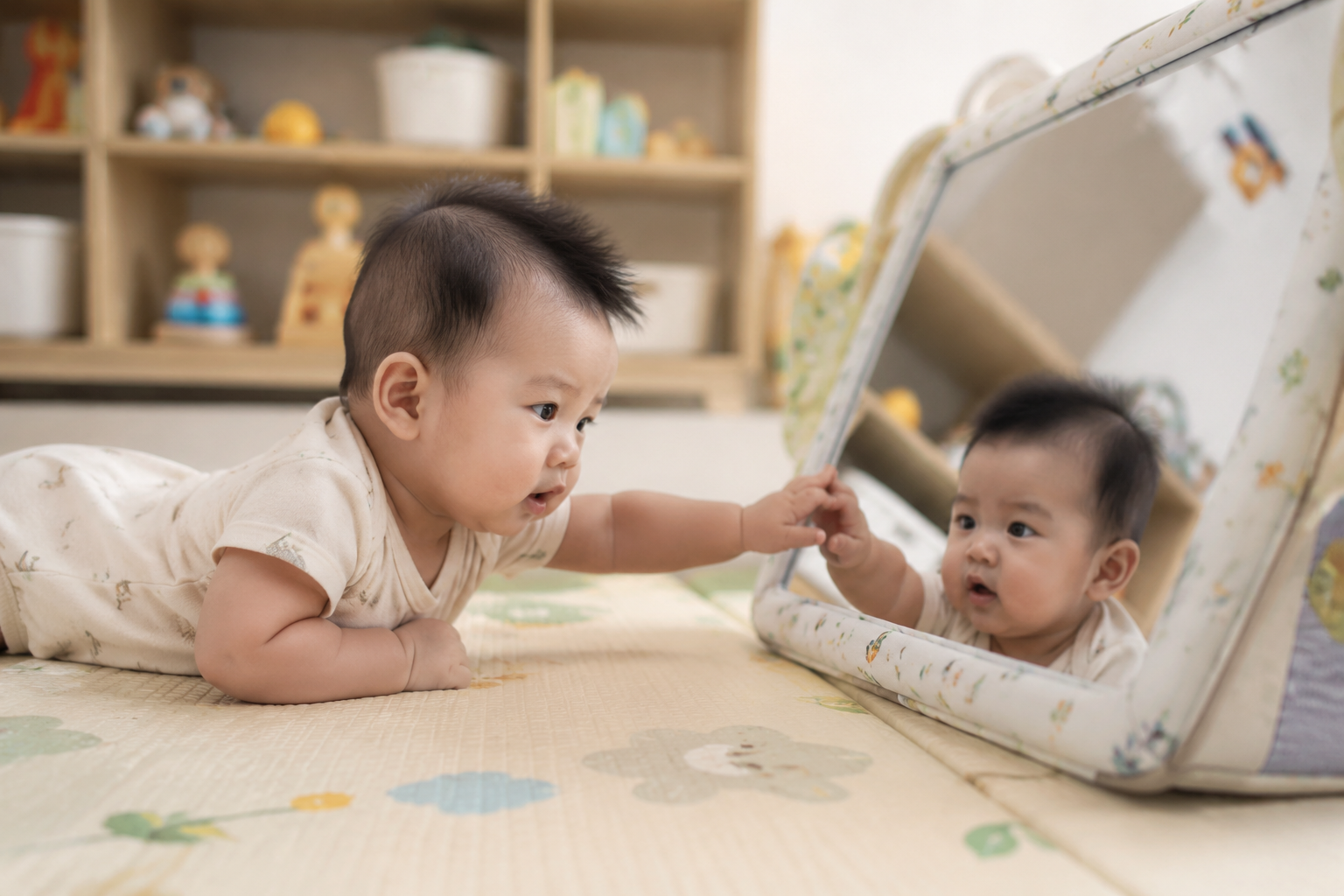 A 4-month-old adorable Asian baby doing tummy time on a soft nursery play mat, looking curiously at their own reflection in a safe, child-friendly floor mirror, reaching out a tiny hand, soft natural indoor lighting, photorealistic, lifestyle early education photography --ar 3:4