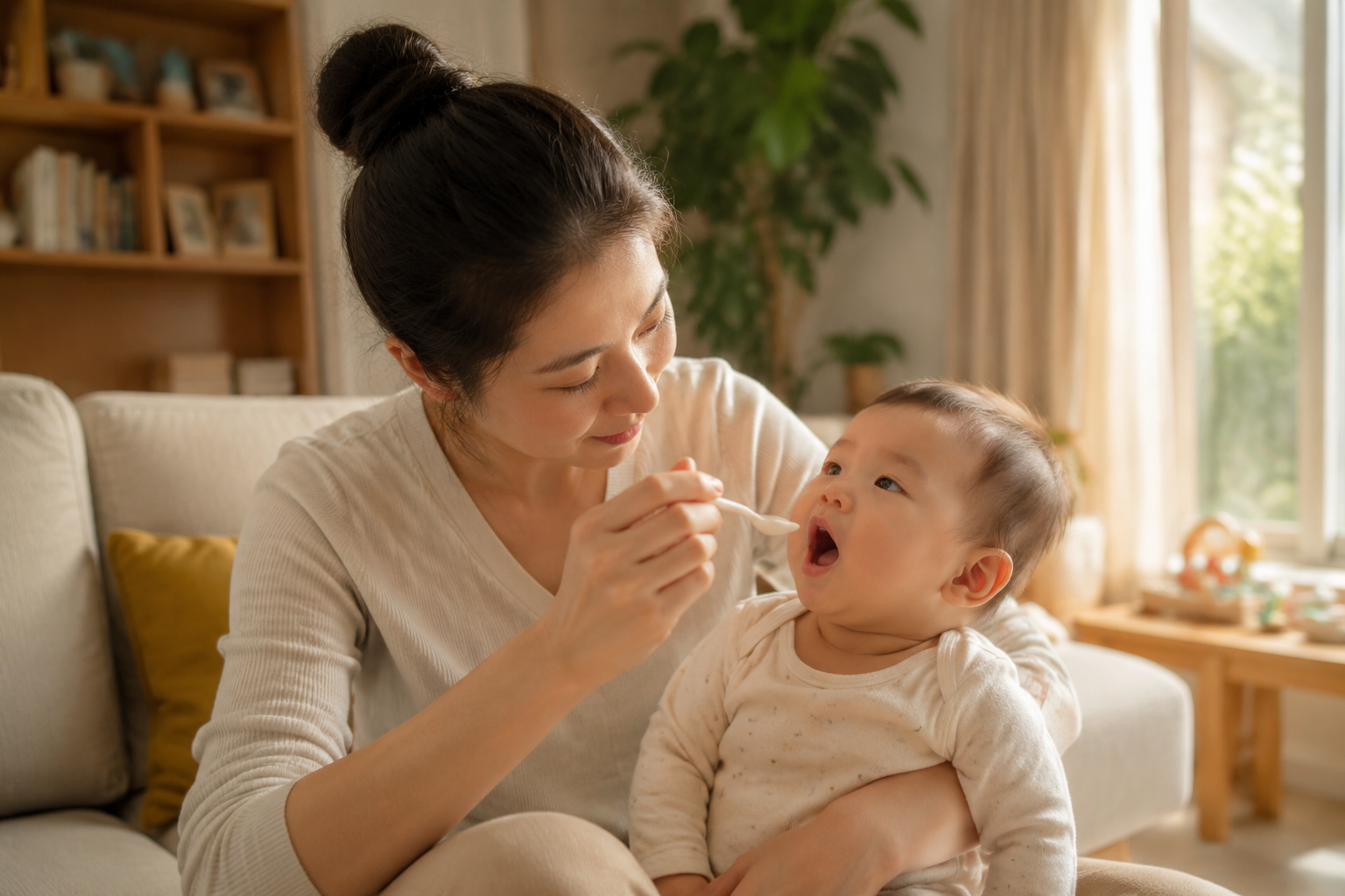 A gentle Chinese mother holding her cute baby in a well-lit living room, carefully and softly checking the baby's open mouth with a small spoon. Warm home environment, soft afternoon sunlight from the window, caring atmosphere, high quality, highly detailed faces, 8k, photorealistic --ar 3:4