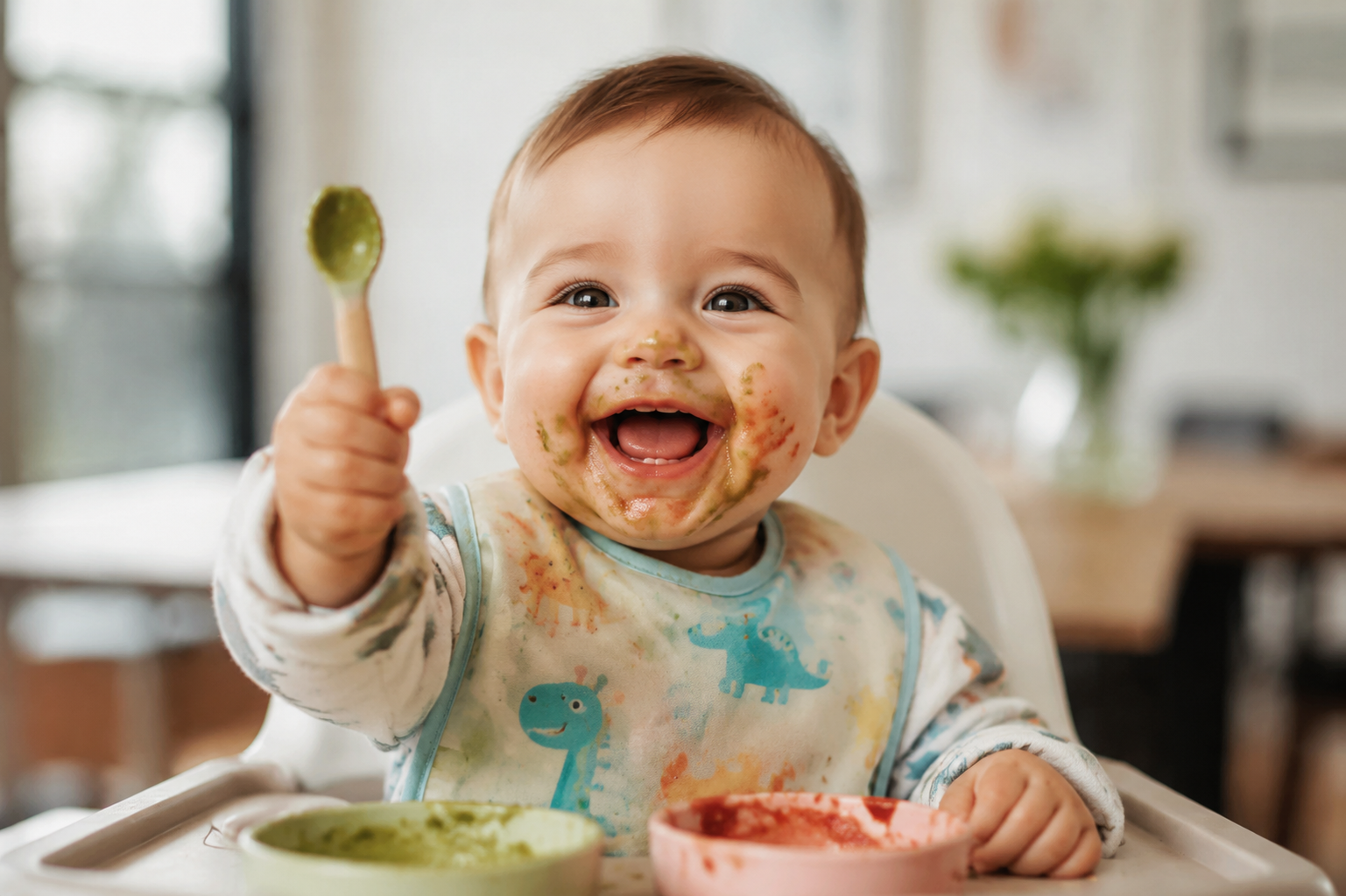 A joyful 10-month-old baby smiling widely with a slightly messy face from enjoying green and red baby puree, wearing a cute waterproof bib, holding a spoon happily, bright modern dining room background, soft cinematic lighting, heartwarming atmosphere, ultra-clear facial details, shot on 85mm lens --ar 3:4