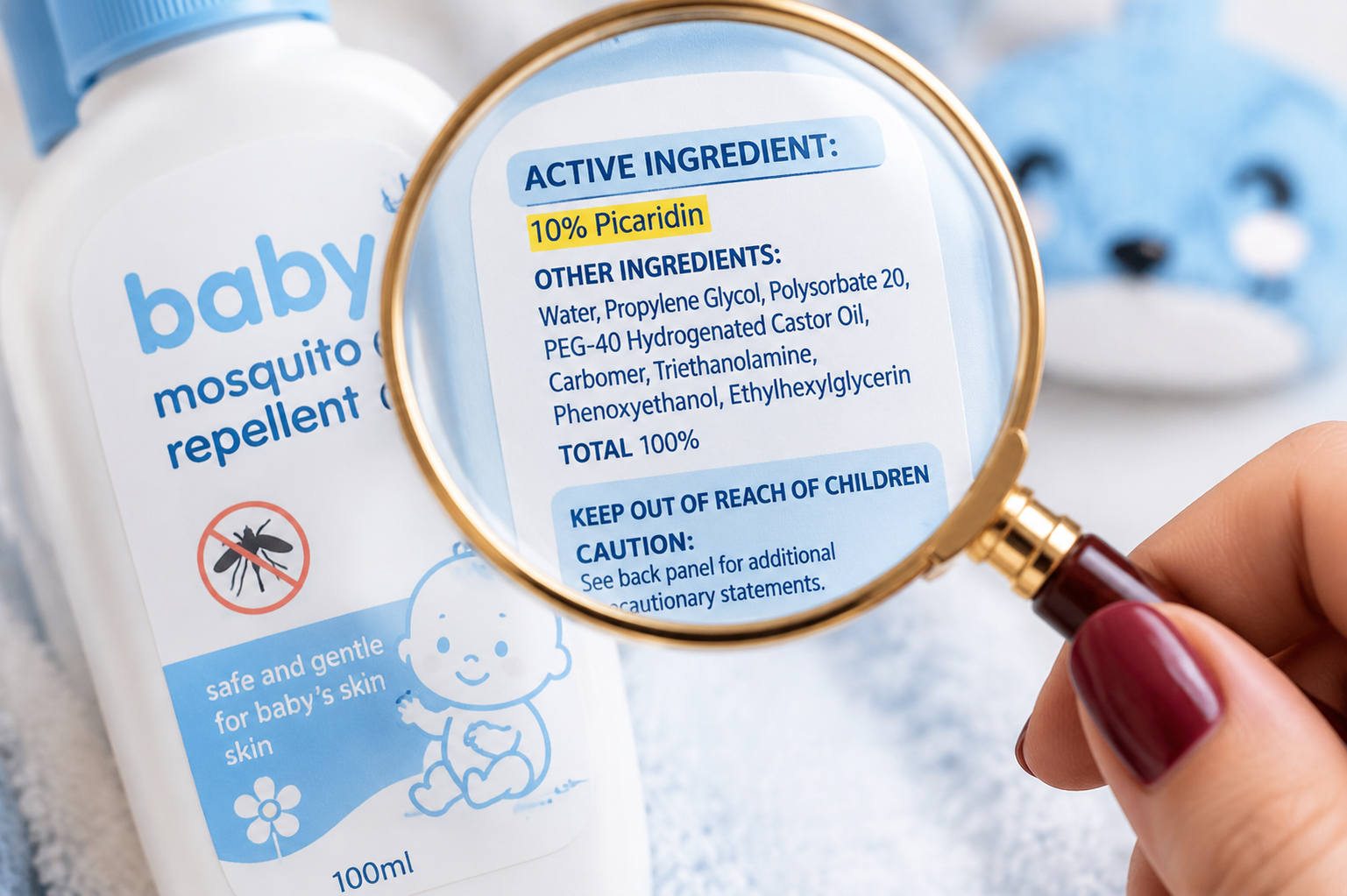Close-up macro photography, a female hand holding a magnifying glass over the ingredient label of a baby mosquito repellent bottle. The text 