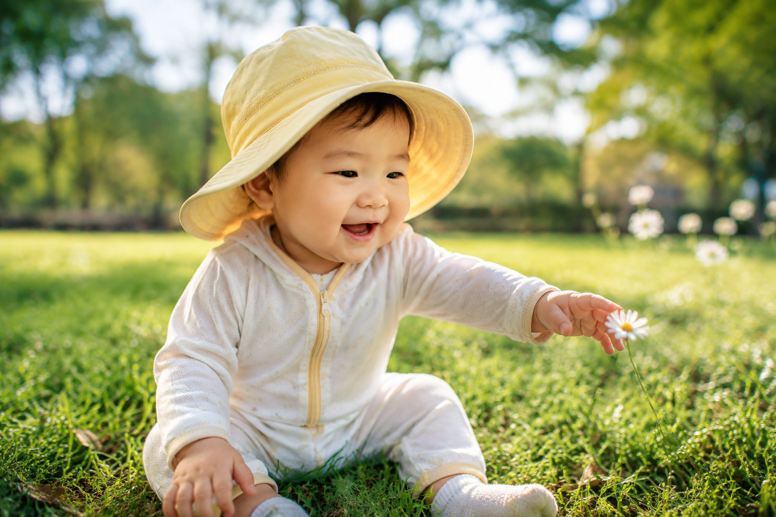 A cute 8-month-old Chinese baby sitting on a bright green lawn in a sunny park, wearing a wide-brimmed yellow sun hat and a light breathable long-sleeve sun protection outfit. The baby is smiling brightly, reaching out to touch a small daisy. Soft cinematic lighting, bright early summer day, ultra-realistic, highly detailed skin texture, warm and joyful atmosphere, 8k resolution, shot on 35mm lens. --ar 3:4