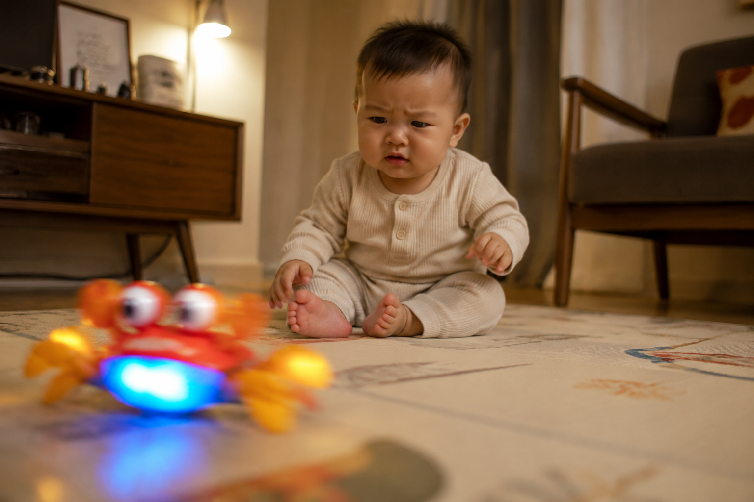 A 7-month-old Chinese baby sitting on a play mat, looking slightly frustrated and disappointed at a fast-moving, brightly lit plastic crab toy zooming away. The room is cozy. Cinematic lighting focusing on the baby's expression, blurring the fast crab toy in the foreground to show its high speed. High detail, hyper-realistic photography, psychological storytelling, --ar 3:4