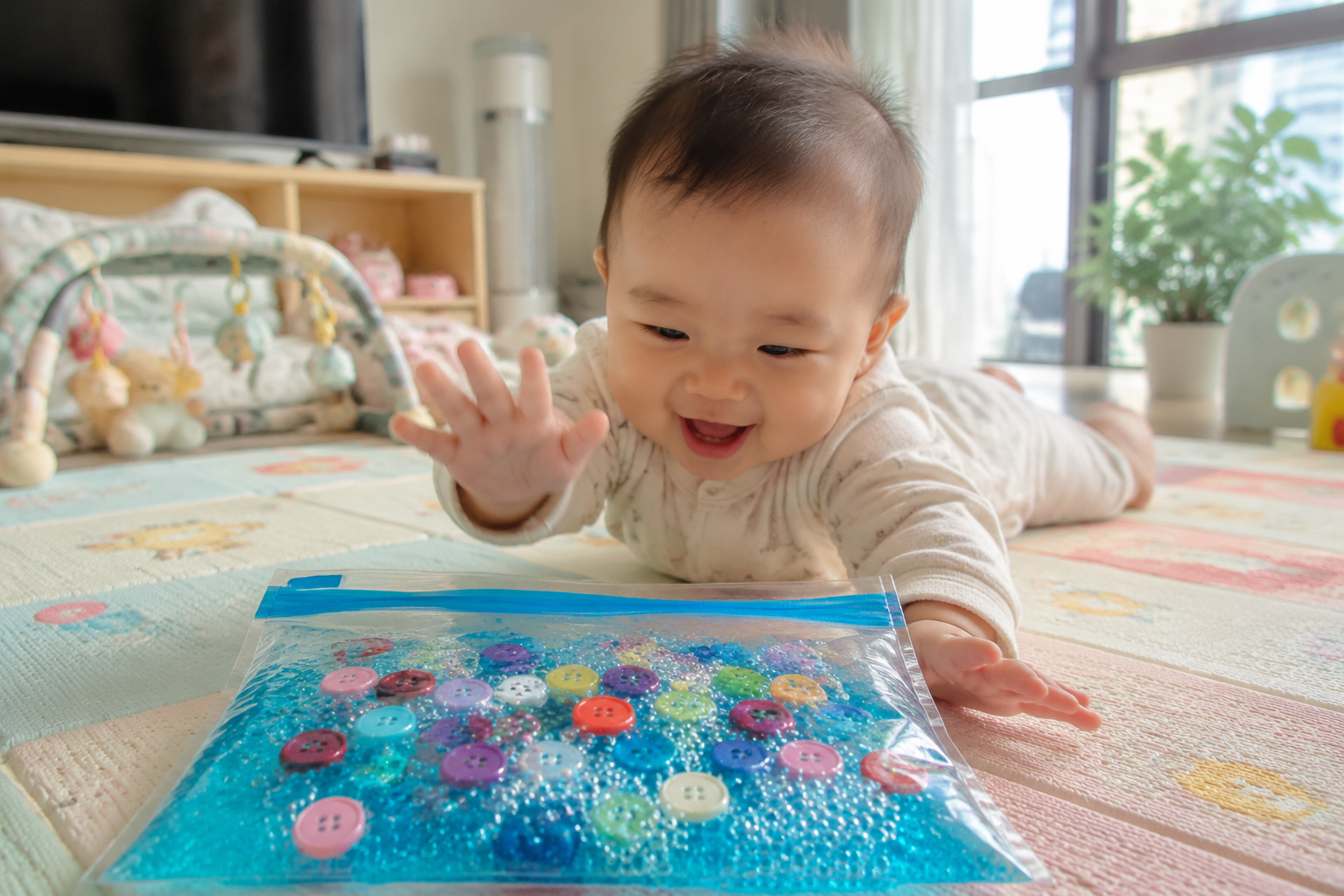 A cute 8-month-old Chinese baby doing tummy time on a soft pastel play mat, happily slapping a sealed transparent ziplock bag filled with blue-tinted water, colorful large buttons, and dreamy bubbles. The baby has an adorable, excited expression. Sunny living room lighting, soft shadows, warm home atmosphere, highly detailed, photorealistic, Midjourney v6, 8k resolution.