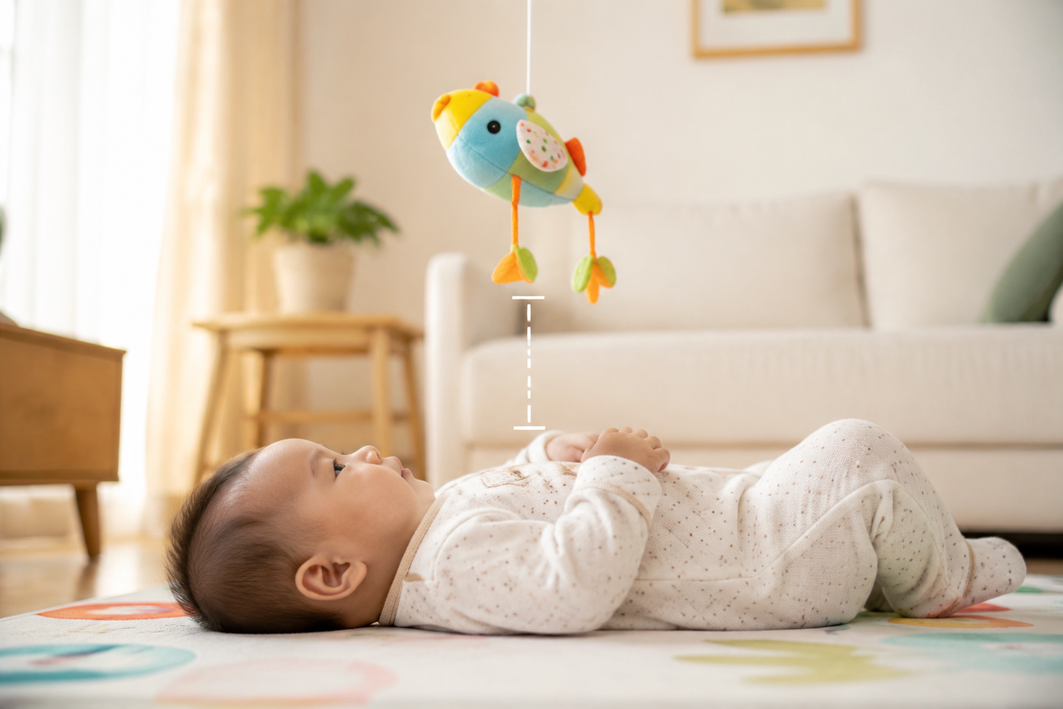 Realistic photography, A cute 4-month-old Chinese baby lying on a soft play mat in a cozy sunlit living room. A colorful soft toy is suspended exactly 25 cm above the baby's chest, not directly over the face. The perspective is a clean side profile showing the exact distance and the baby's focused eye level. Natural lighting, warm tones, high resolution, 8k, photorealistic, soft shadows, educational diagram style without text.