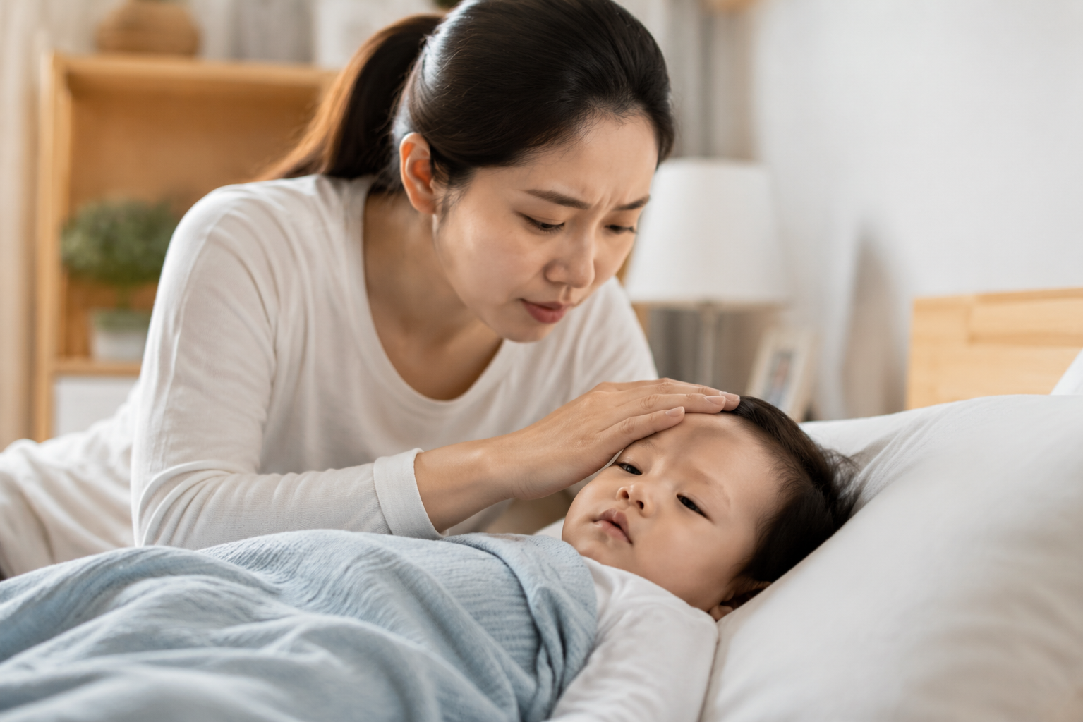 A high-quality photo of a worried young Chinese mother gently comforting her sick baby in a cozy bright bedroom. The baby looks slightly tired, soft natural indoor lighting, warm and tender atmosphere, highly detailed, realistic skin texture, 8k resolution, shot on 85mm lens.