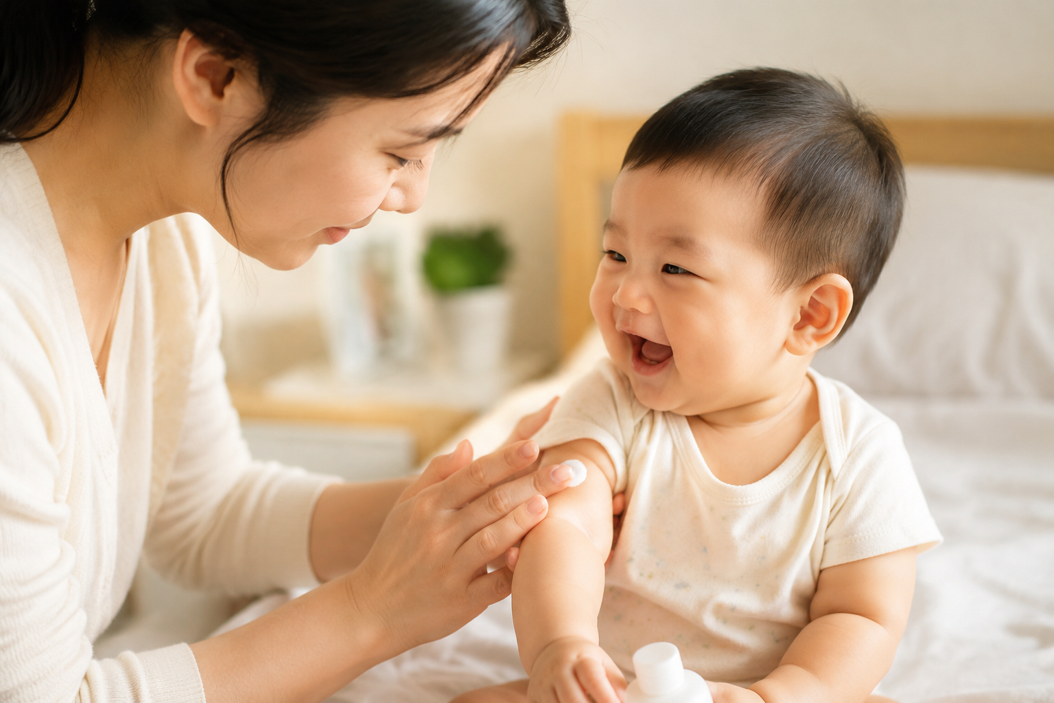 A loving Chinese mother gently applying moisturizing lotion to a happy Chinese baby's arm, close-up shot, soft pastel colors, clean and bright bedroom, natural warm lighting, realistic texture, highly detailed skin, heartwarming moment, 8k.