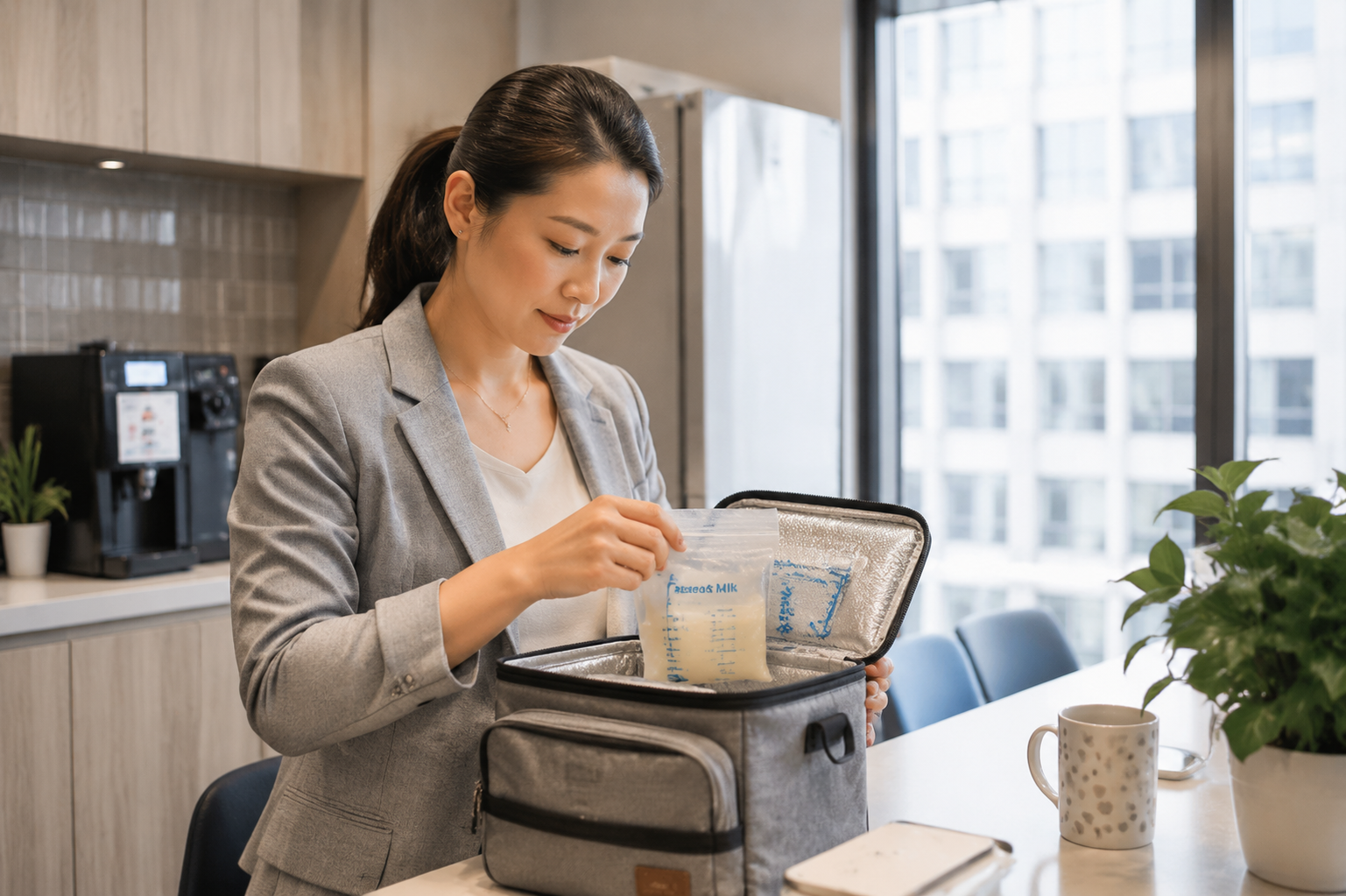 A tired but loving Chinese working mother in a modern office pantry, carefully placing a breast milk storage bag into a cooler bag. Soft natural lighting from the window, warm and professional atmosphere, photorealistic, 8k resolution, highly detailed --ar 3:4