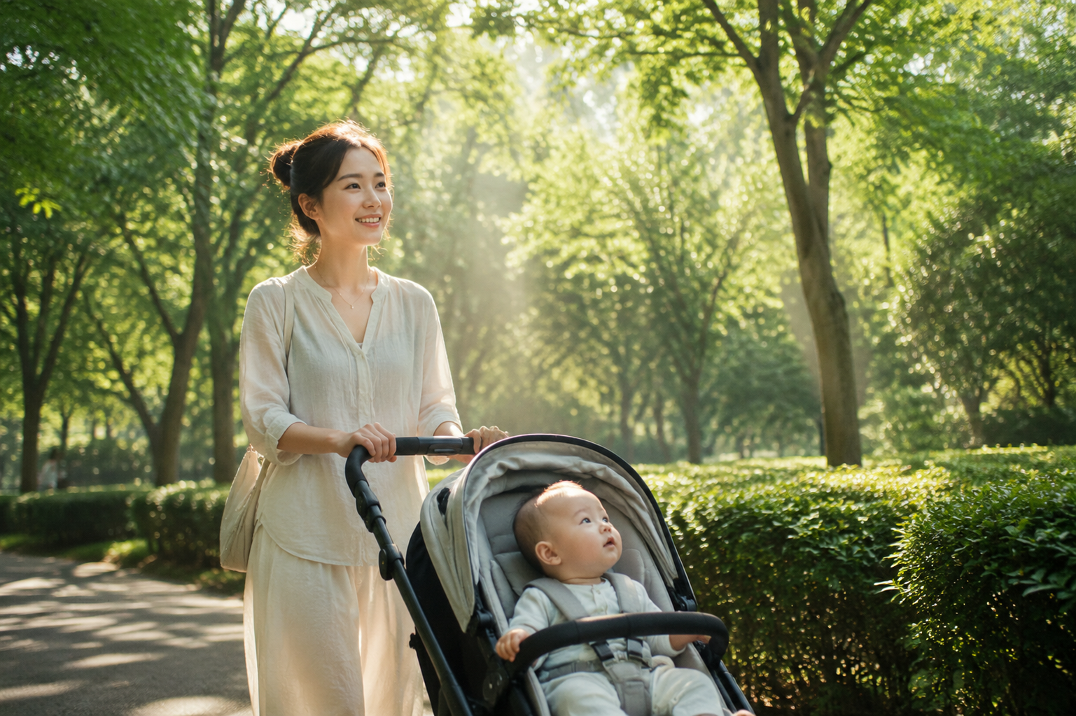 A warm and cinematic photography of a beautiful young Chinese mother pushing a baby stroller in a lush green summer park. The 8-month-old Chinese baby is looking around curiously at the trees. Soft morning sunlight filtering through the leaves, Tyndall effect, natural lighting, high resolution, photorealistic, 8k, shot on 35mm lens. --ar 3:4
