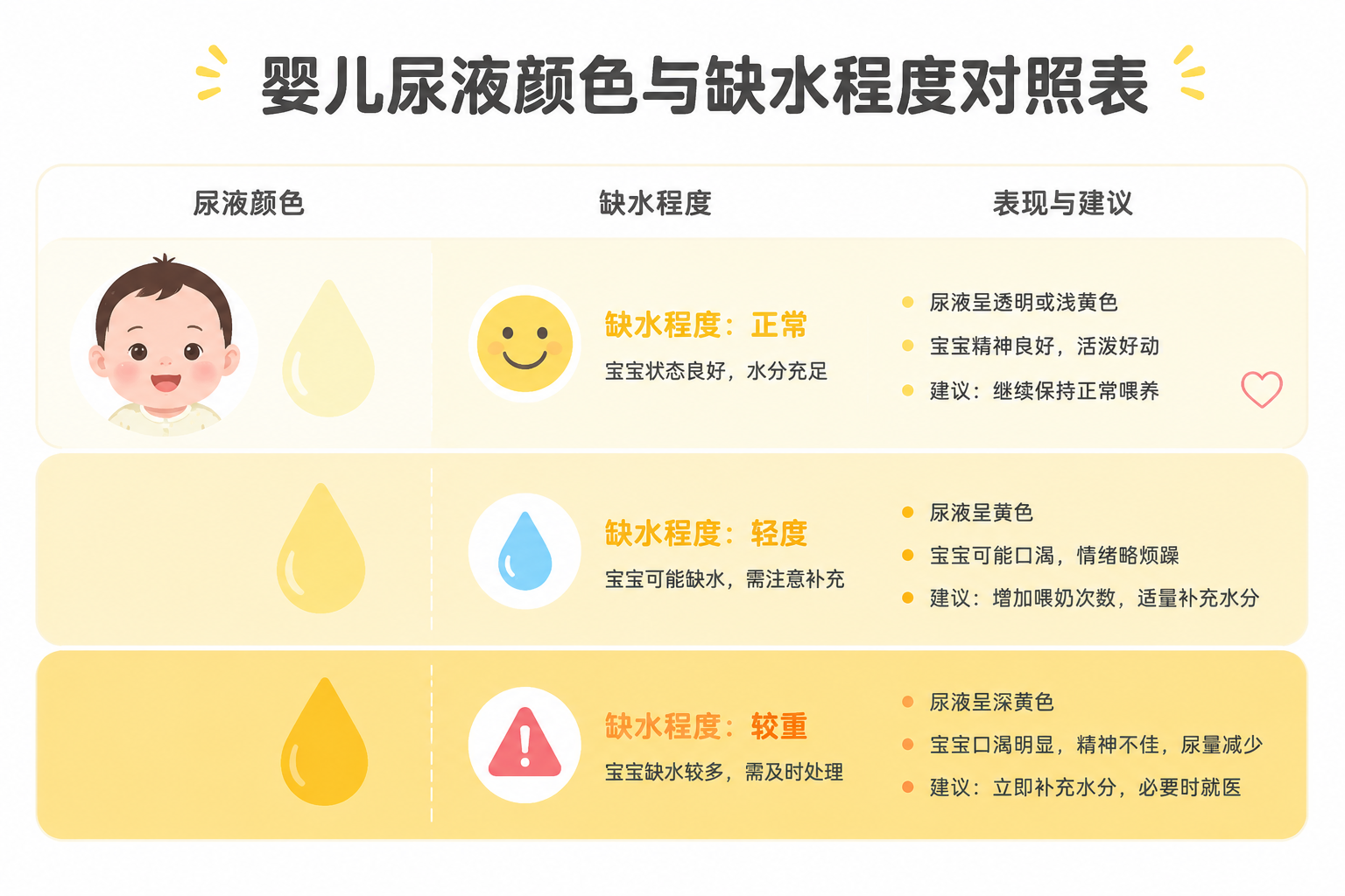 一张极简风格的医疗科普信息图,展示“婴儿尿液颜色与缺水程度对照表”,图表分为三个颜色渐变区块:透明浅黄色(标有笑脸图标和可爱的中国婴儿头像)、中黄色(标有水滴图标)、深黄色(标有警示图标),整体设计清新专业,适合母婴科普文章,扁平化插画风格,柔和的马卡龙色系,纯白背景。