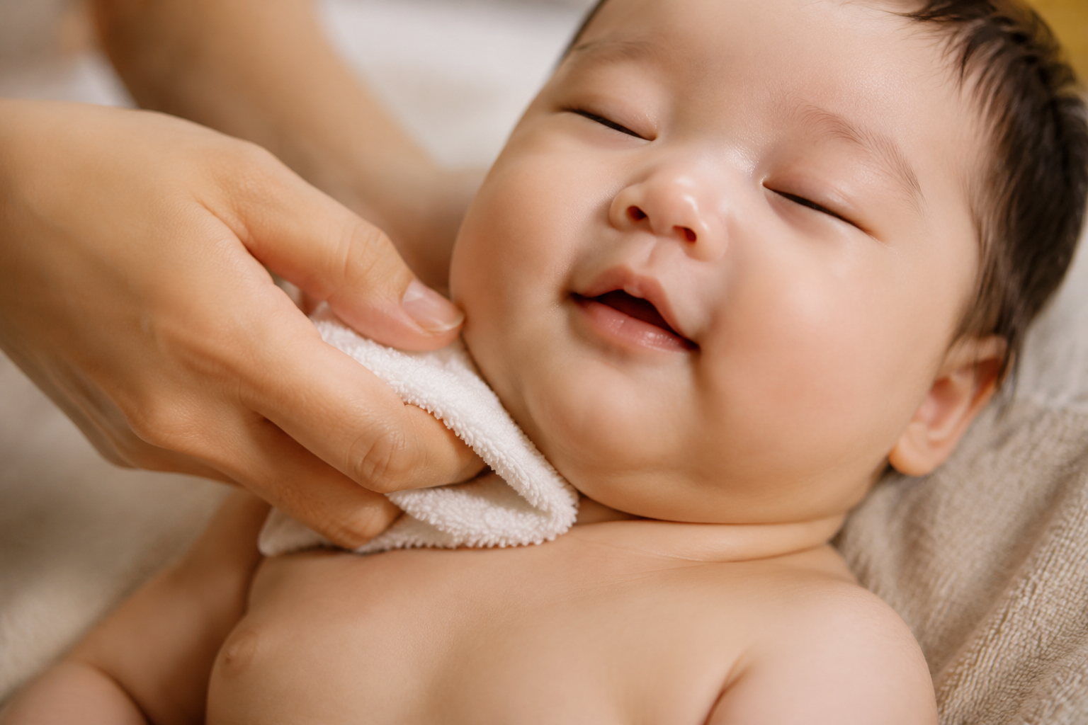 Close up shot of a Chinese mother's hands gently patting dry the neck folds of a chubby Chinese baby with a pure cotton soft towel. The baby looks comfortable and relaxed. Soft indoor lighting, macro photography, warm tones, high quality, photorealistic --ar 3:4
