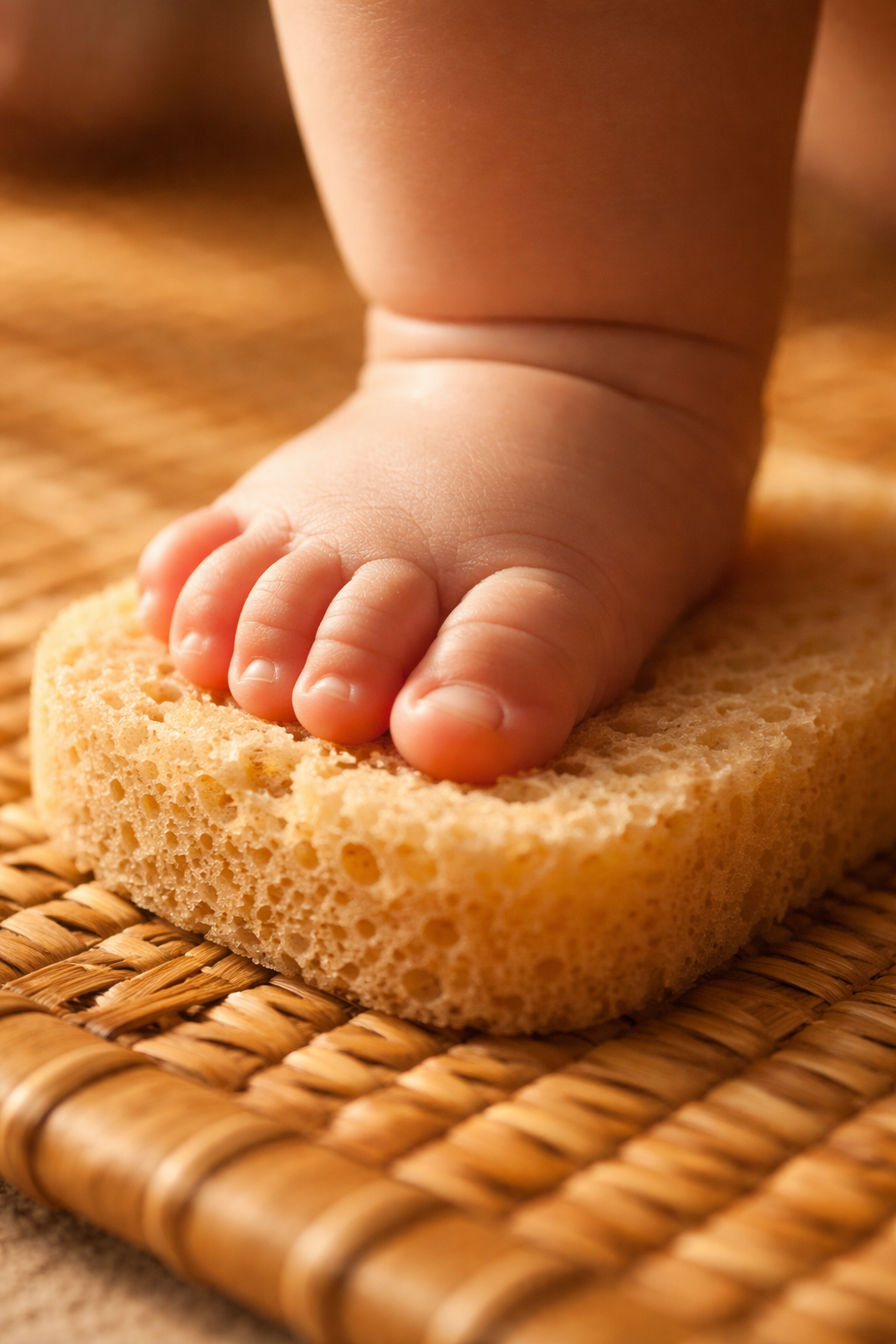 Macro close-up shot of a cute Chinese baby's chubby barefoot stepping on a woven bamboo mat and a soft porous sponge. The baby's tiny toes are curling and grabbing the texture of the surface. Bright warm lighting, cinematic lighting, highly detailed skin texture, photorealistic, shallow depth of field, 8k --ar 3:4 --v 6.0