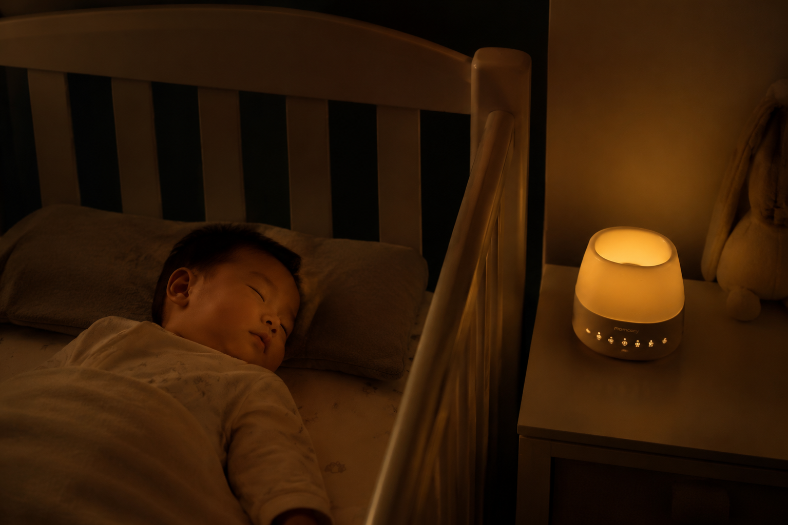 A peaceful Chinese baby sleeping soundly in a cozy crib. The room is completely dark with blackout curtains, but a faint, warm amber nightlight illuminates a small modern white noise machine on the bedside table. Calm and serene atmosphere, soft focus, high quality, realistic photography, 8k.