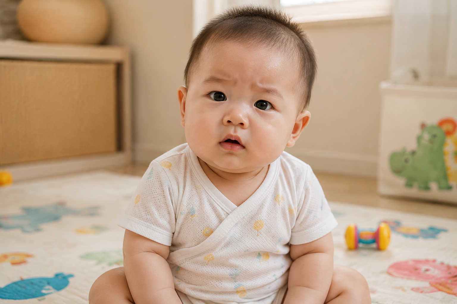 A cute 4-month-old Chinese baby, slightly sweating on the forehead, wearing a light summer cotton onesie, sitting on a soft bright play mat, looking confused and adorable, soft natural indoor summer lighting, high resolution, photorealistic, 8k, warm tones, portrait photography.