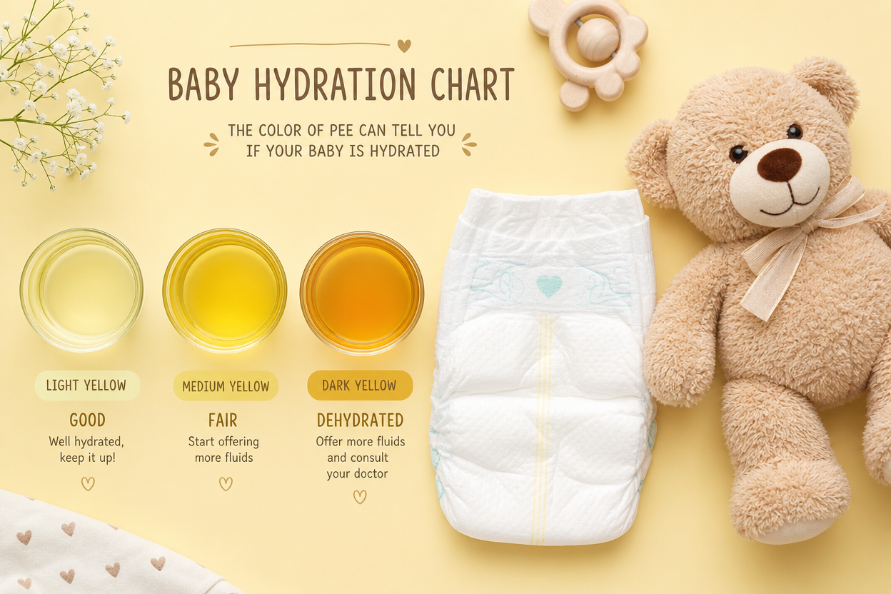 A creative flat lay photography of baby care aesthetic, showing three transparent small glass cups containing liquids of different yellow shades (light lemon yellow, medium apple juice yellow, dark tea yellow) simulating a hydration chart, placed next to a clean white baby diaper and a cute fluffy teddy bear, soft studio lighting, pastel background, educational and aesthetic, highly detailed, 8k resolution.