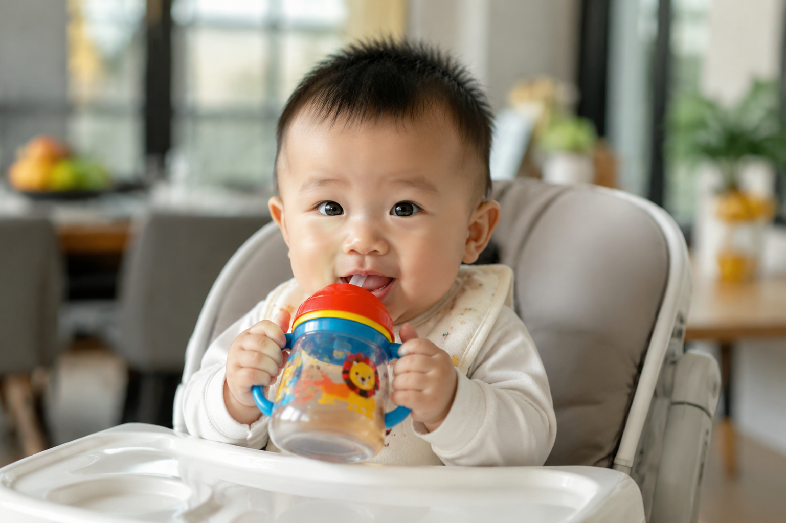 A cute 8-month-old Chinese baby holding a colorful sippy cup with both hands, trying to drink water, happy and curious expression, sitting in a modern baby high chair, bright and airy dining room background, cinematic lighting, highly detailed, photorealistic, Midjourney style, f/1.8 aperture blurred background.
