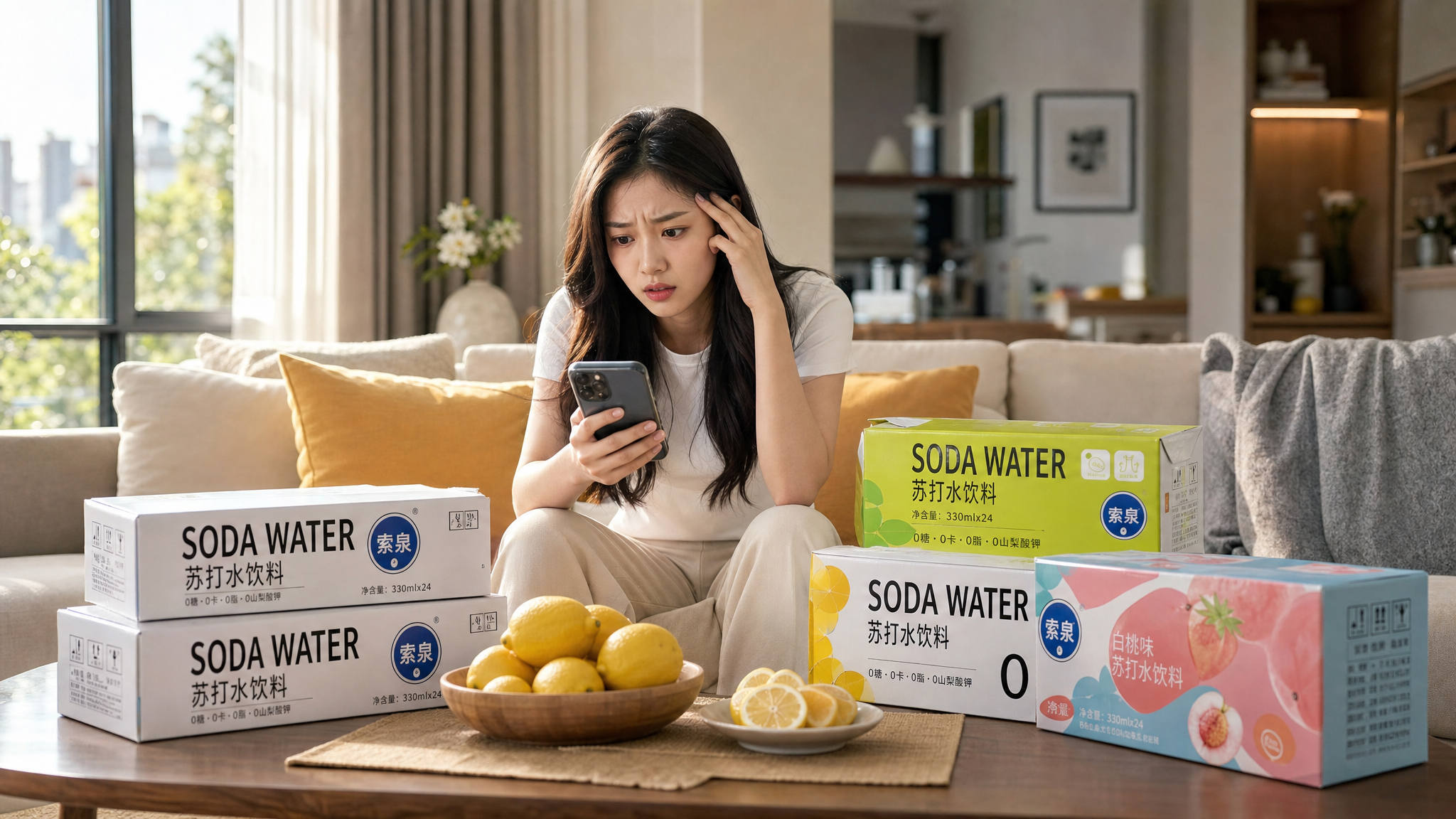A young Chinese woman sitting on a cozy sofa in a modern bright living room, looking anxious and confused. There are several boxes of soda water and lemons on the table in front of her. She is holding her smartphone. Soft summer sunlight streaming through the window, cinematic lighting, photorealistic, 8k resolution, highly detailed, lifestyle photography.