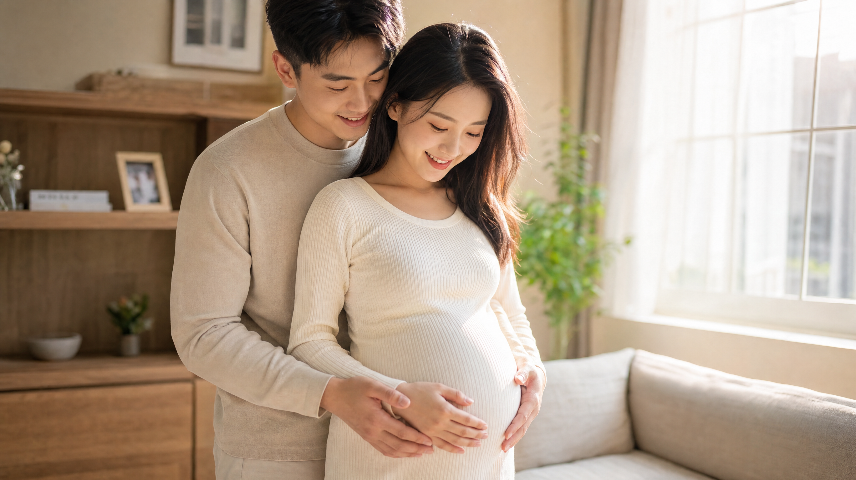 A heartwarming, photorealistic image of a young Chinese couple expecting a baby. The husband is gently hugging his pregnant wife from behind, both looking down at her belly with loving, expecting, and relaxed smiles. Sunlight streaming through the window, warm and healing atmosphere, bright tones, highly detailed facial expressions, cinematic composition, 8k, photorealistic. --ar 3:4
