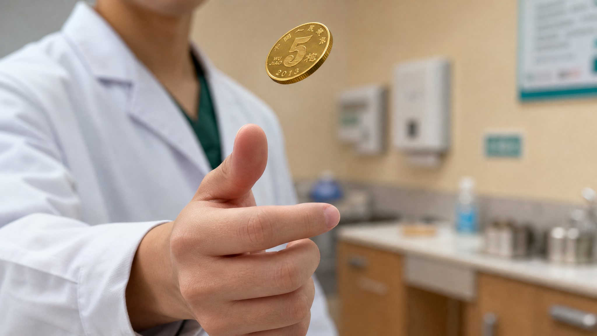 Close up of a hand of a young Chinese person tossing a shiny gold coin, the coin is suspended in mid-air, background is a blurred warm beige medical clinic, soft natural light, highly detailed, macro photography, 8k --ar 3:4