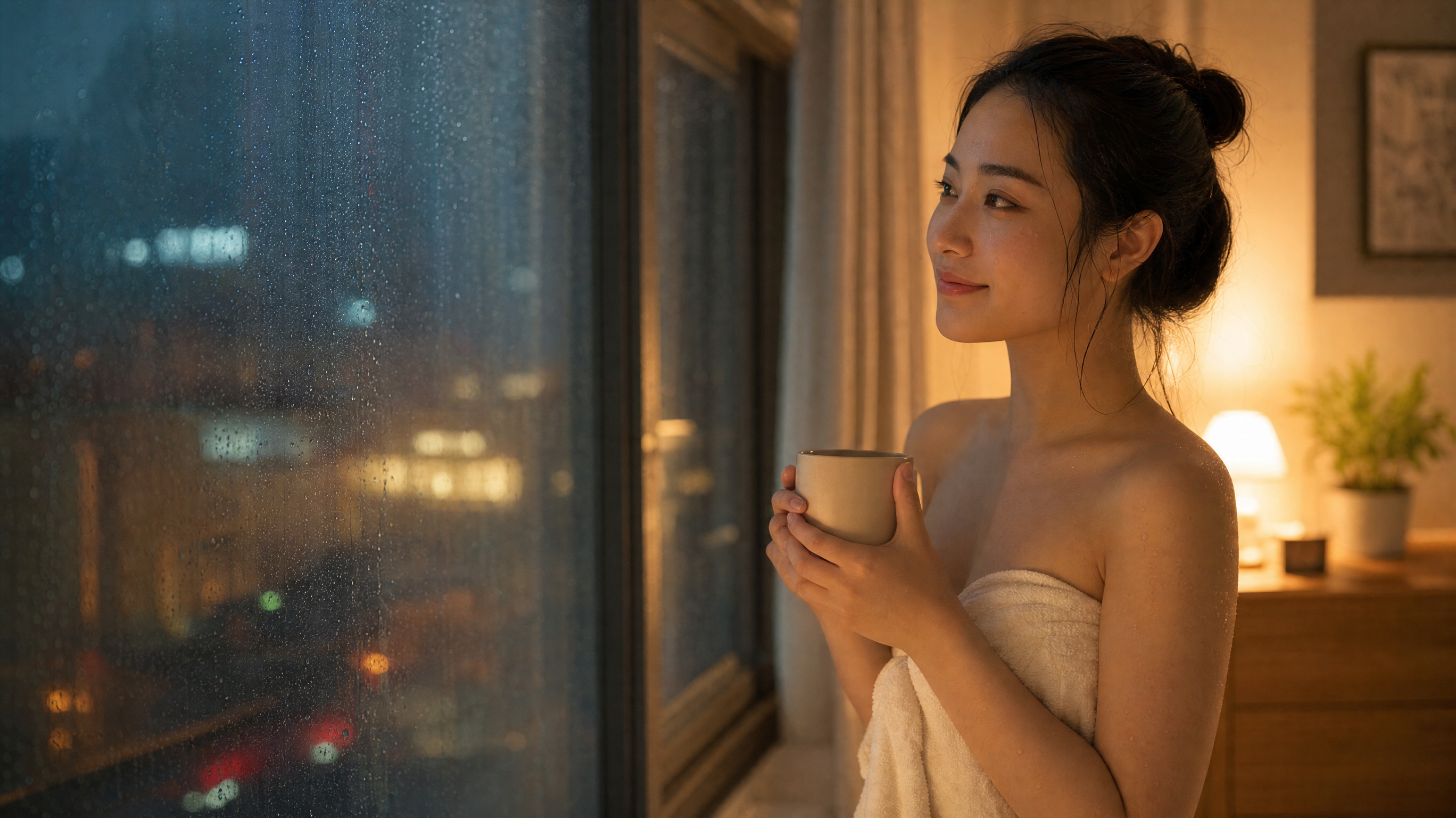 A cozy indoor scene, a young Chinese woman wrapped in a soft warm towel after a shower, holding a mug of warm water. Warm yellow indoor lighting contrasting with the rainy window outside. Relaxed and comfortable expression, photorealistic, 8k, soft focus, highly detailed, warm and healing atmosphere.