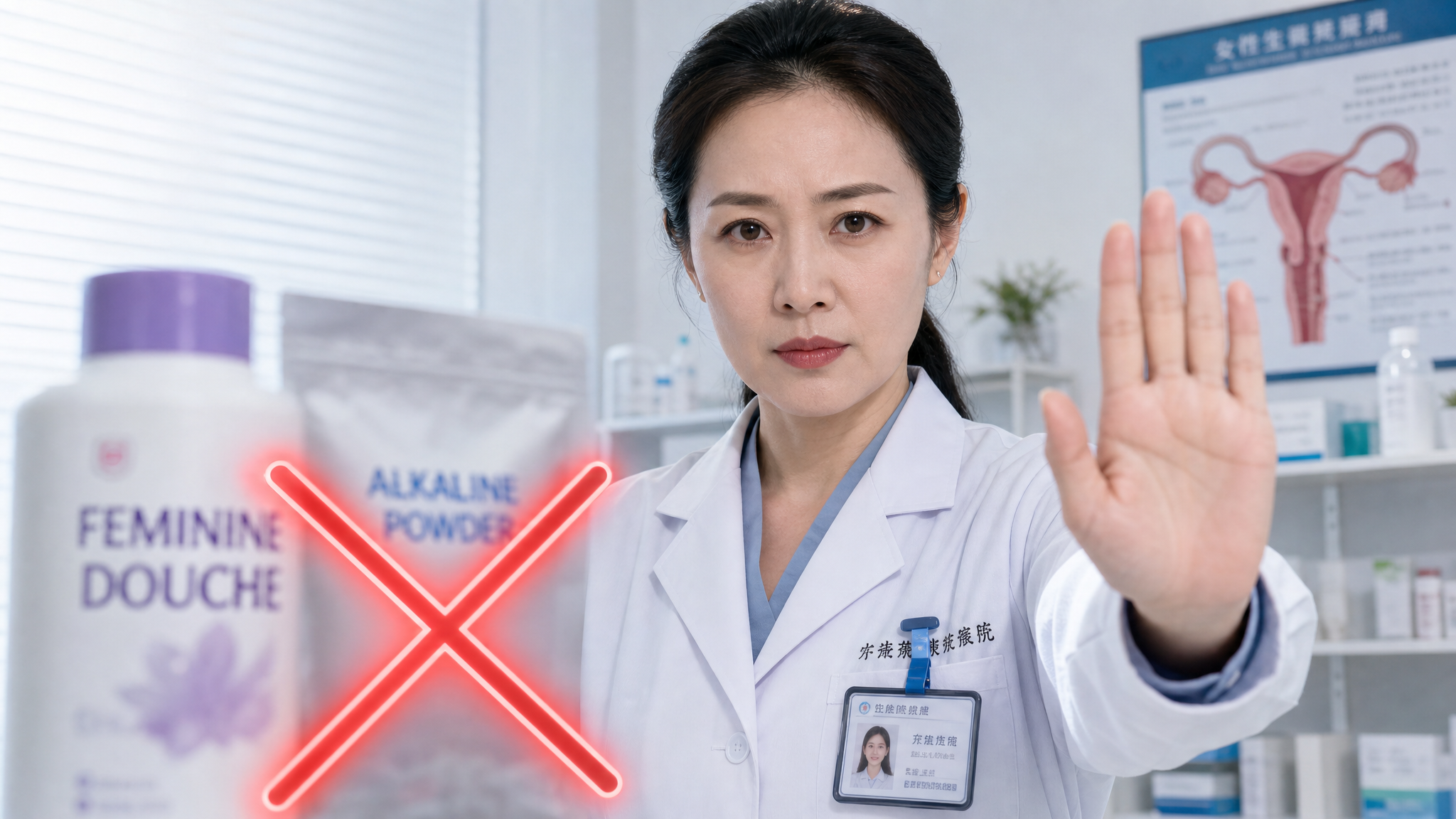 A close-up of a professional Chinese female doctor in a white coat, looking seriously at the camera, holding up her hand in a 