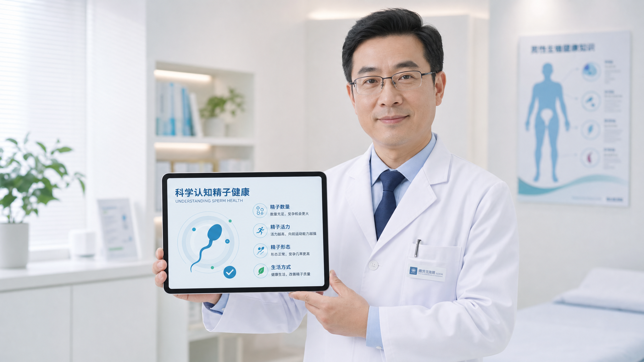 A professional Chinese male doctor wearing a white coat and glasses, standing in a bright, modern clinic. He is smiling gently and holding a tablet showing a minimalist blue and green infographic about sperm health. Soft, diffused lighting, clean background, high quality, photorealistic, Midjourney v6. --ar 3:4