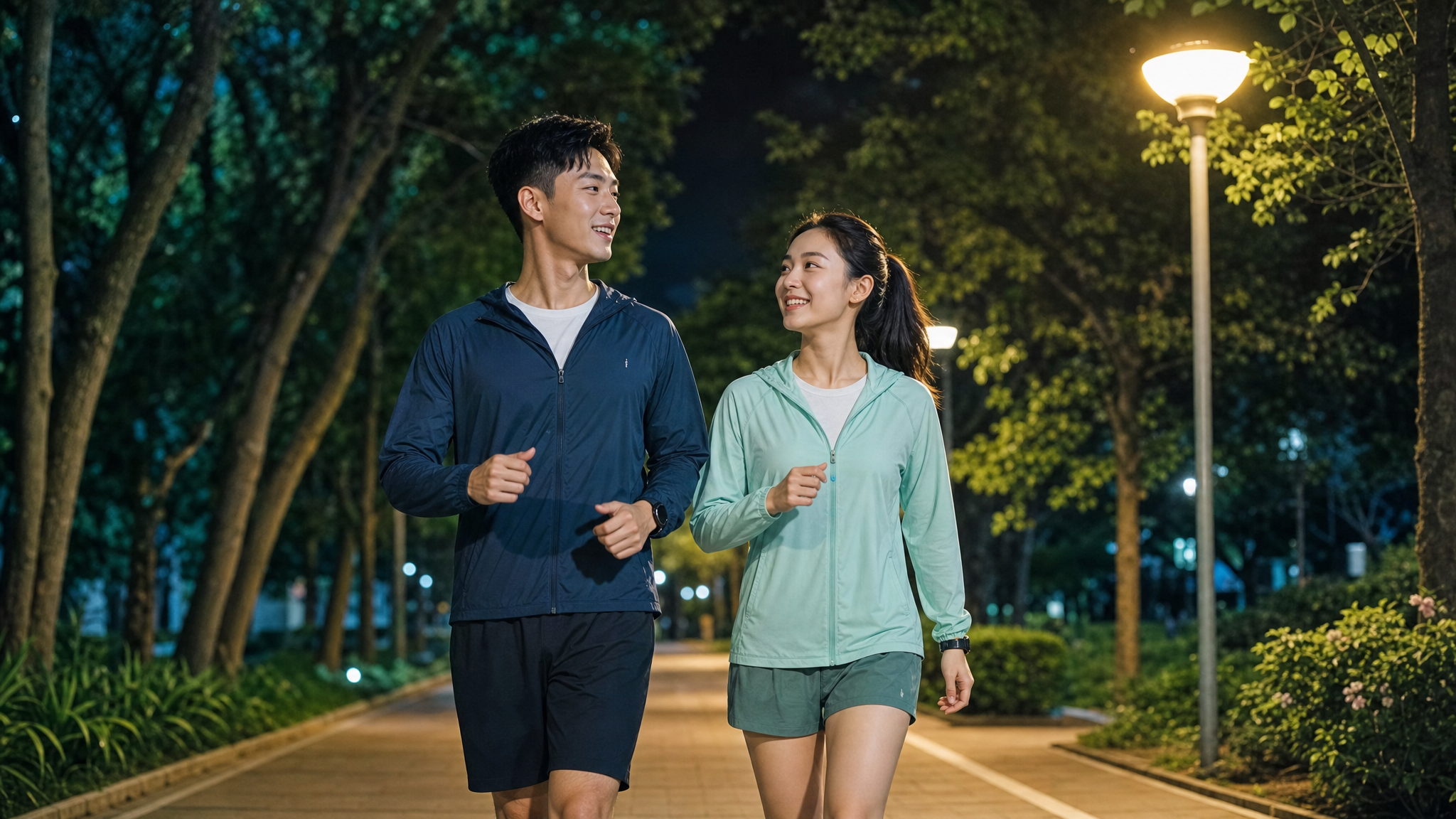 A young, energetic Chinese couple doing brisk walking in a cool summer night park. They are wearing mint green and dark blue light sportswear. They look relaxed and happy, not sweating much. Soft streetlights, lush trees in the background, realistic photography, cinematic lighting, highly detailed, healthy lifestyle. --ar 4:3