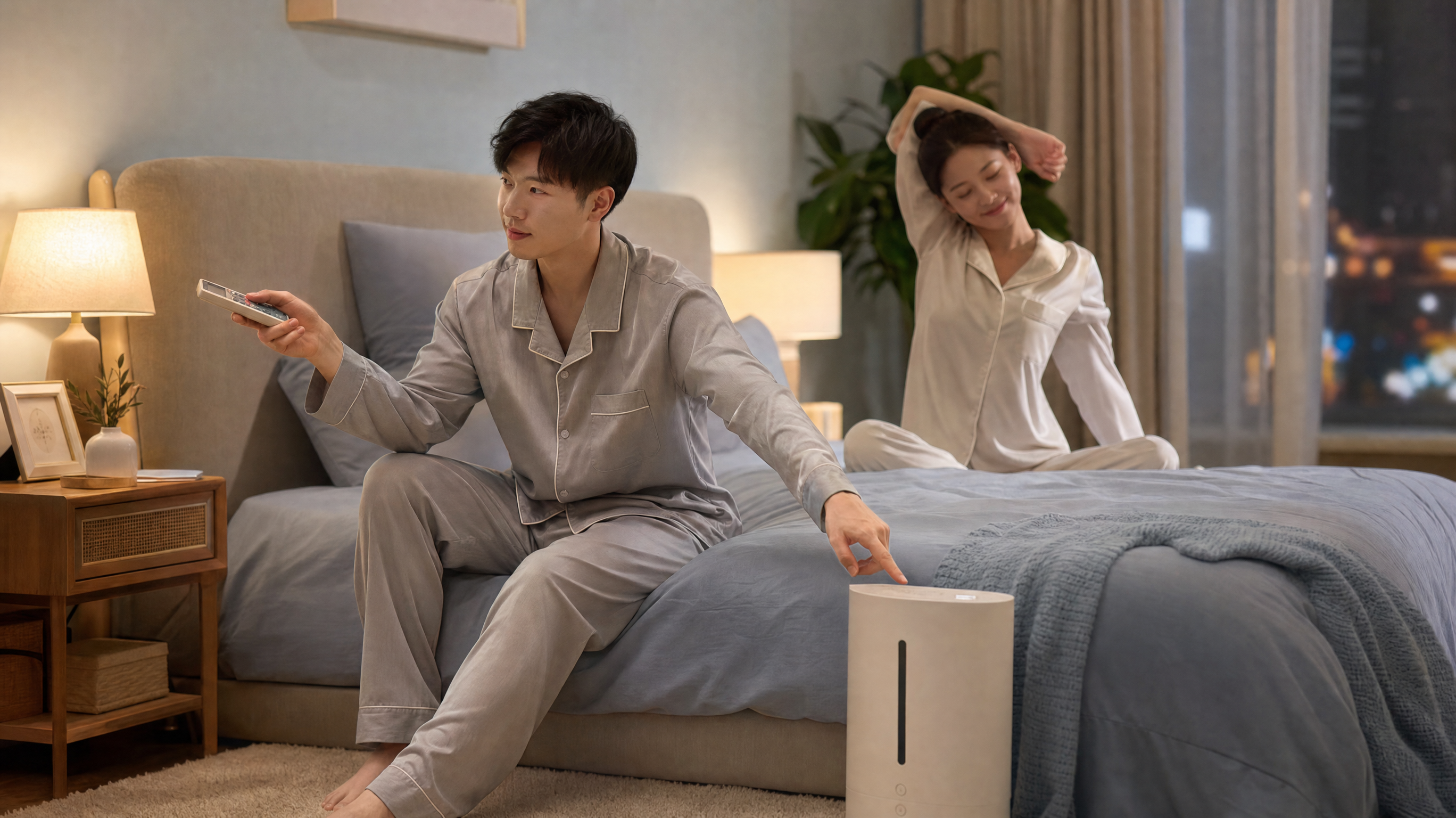 真實(shí)攝影，一對(duì)年輕的中國(guó)夫妻在臥室準(zhǔn)備入睡，丈夫正在認(rèn)真地調(diào)節(jié)空調(diào)遙控器和加濕器，妻子在旁邊微笑著做睡前拉伸，臥室布置溫馨，淡藍(lán)色與燕麥色視覺(jué)風(fēng)格，暖色調(diào)臺(tái)燈，溫馨幸福的氛圍，高分辨率，8k。
