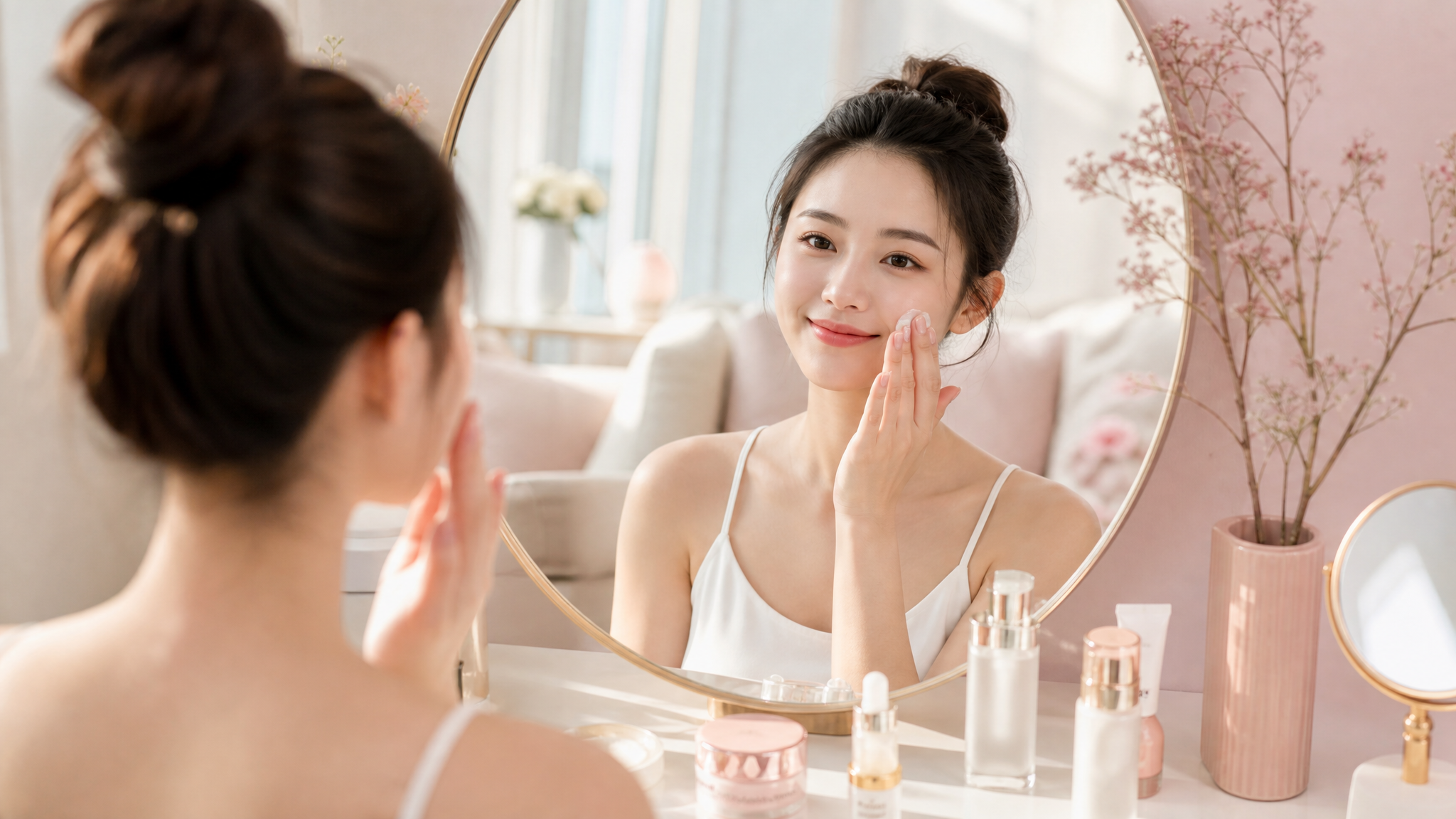 A beautiful young Chinese woman looking in a vanity mirror with a confident smile, doing her daily skincare. Soft pink and beige lifestyle aesthetic, bright and airy room, natural sunlight, high quality, photorealistic, Midjourney v6, 8k, --ar 3:4