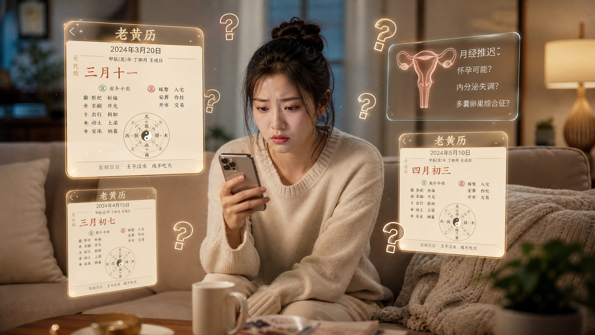 A young Chinese woman sitting on a cozy beige sofa, looking anxious while checking her smartphone, surrounded by floating holographic traditional Chinese calendars and medical question marks, warm indoor lighting, cinematic, high resolution, 8k, photorealistic --ar 3:4
