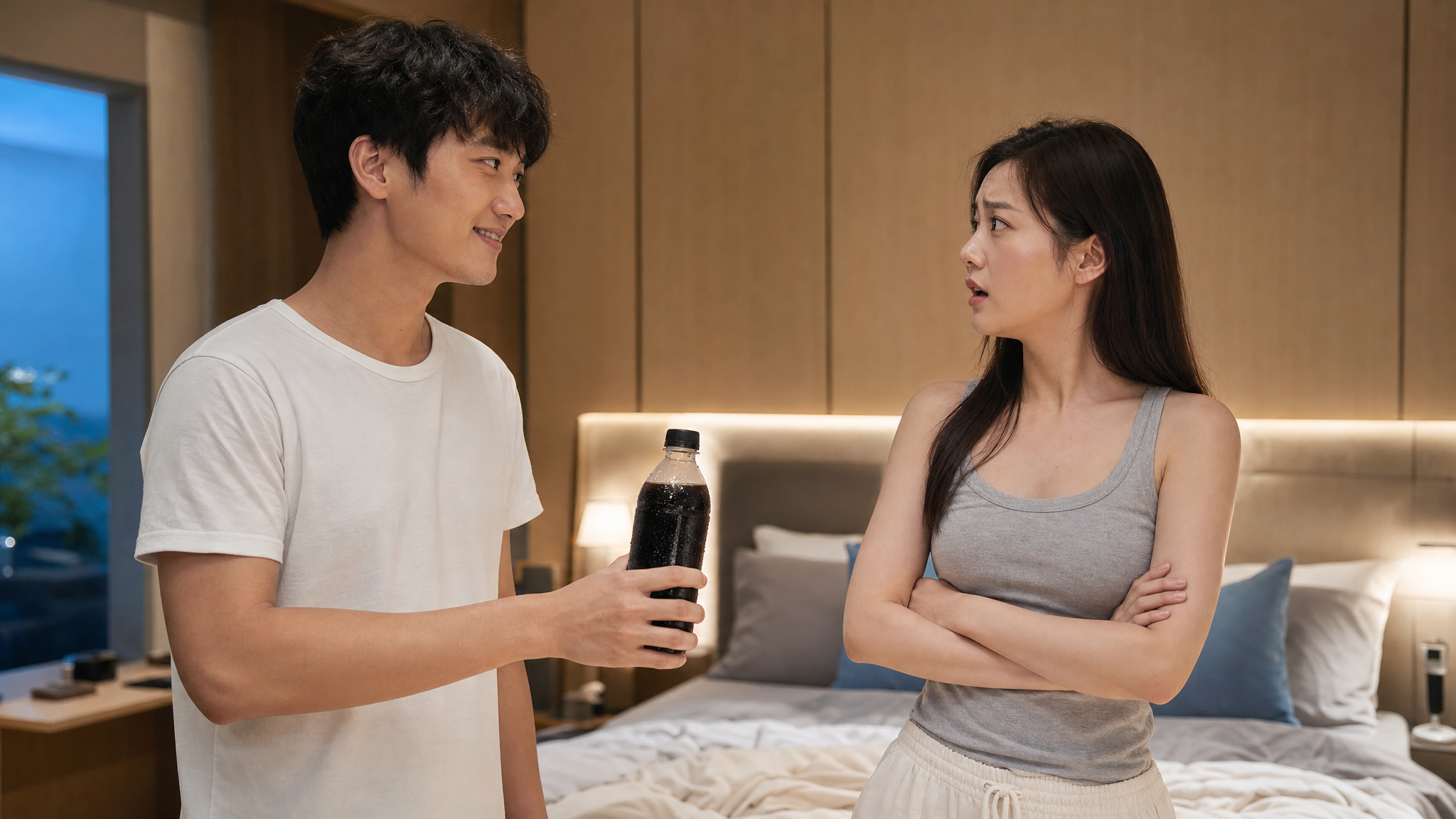 A high-quality photo of a young Chinese couple in a modern bedroom. The husband is holding a bottle of iced cola with a naive smile, offering it to his wife. The wife looks at him with a shocked and speechless expression, hands crossed. Cinematic lighting, realistic, 8k resolution, photorealistic. --ar 3:4