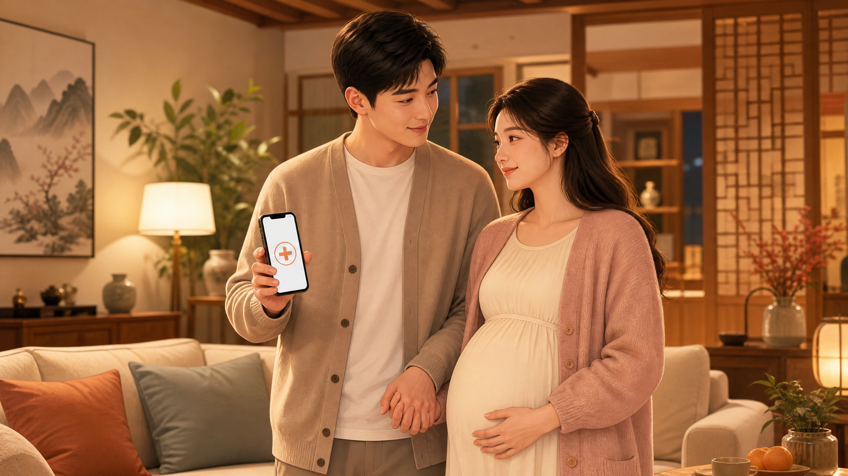 A warm, illustrative style image of a young Chinese husband gently standing in front of his pregnant wife, protectively holding her hand. He is holding a smartphone showing a medical cross symbol, explaining scientific facts. The background is a cozy, modern Chinese living room. Warm color palette, soft lighting, emotional connection, safe and reassuring atmosphere, digital art, high quality. --ar 3:4