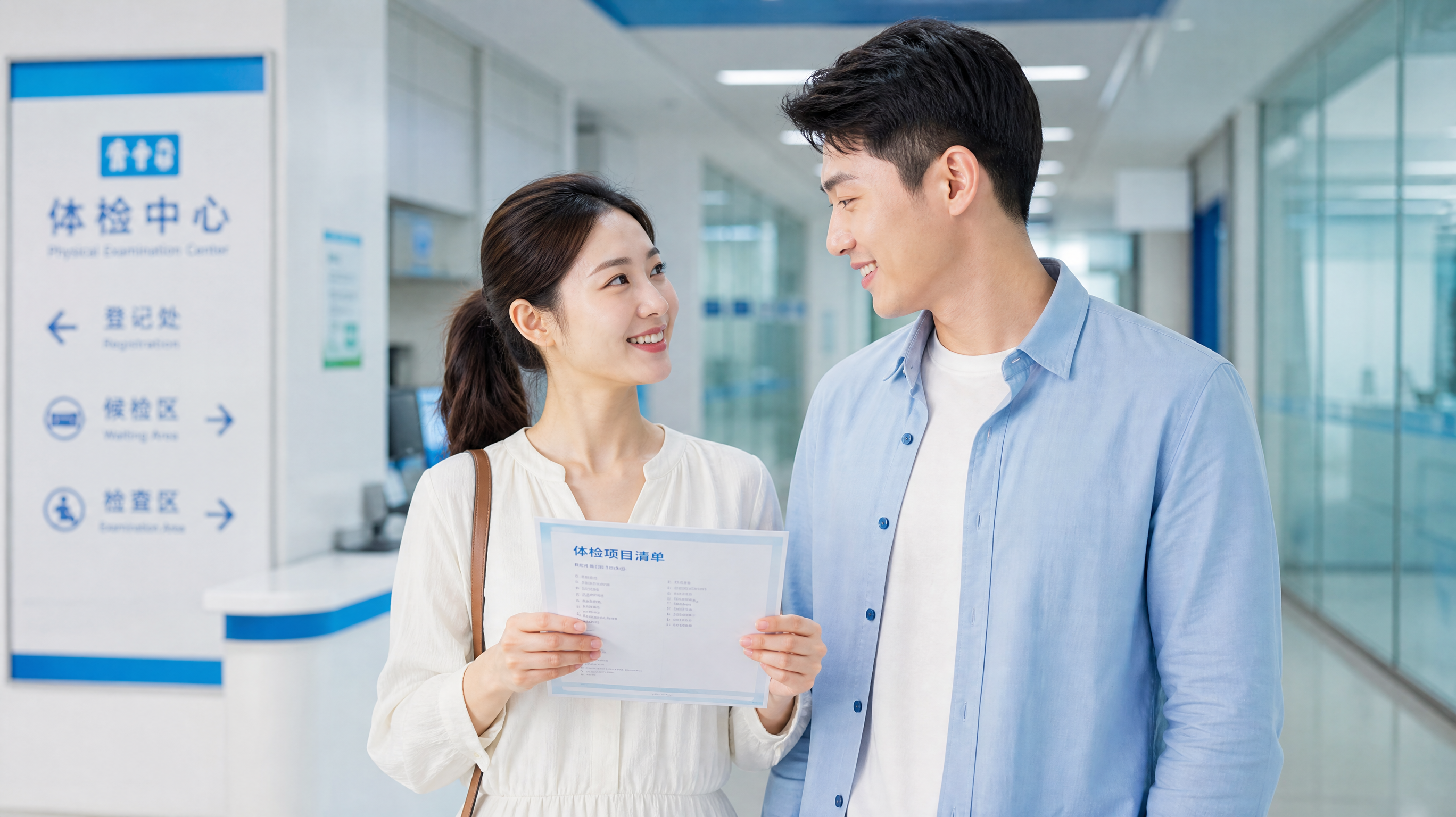 A young Chinese couple standing in a bright, modern hospital corridor. The wife is holding a medical checkup list, and they are communicating with warm smiles. The overall color palette is fresh scientific blue and white. Professional yet warm atmosphere, 8k resolution, highly detailed, photography.