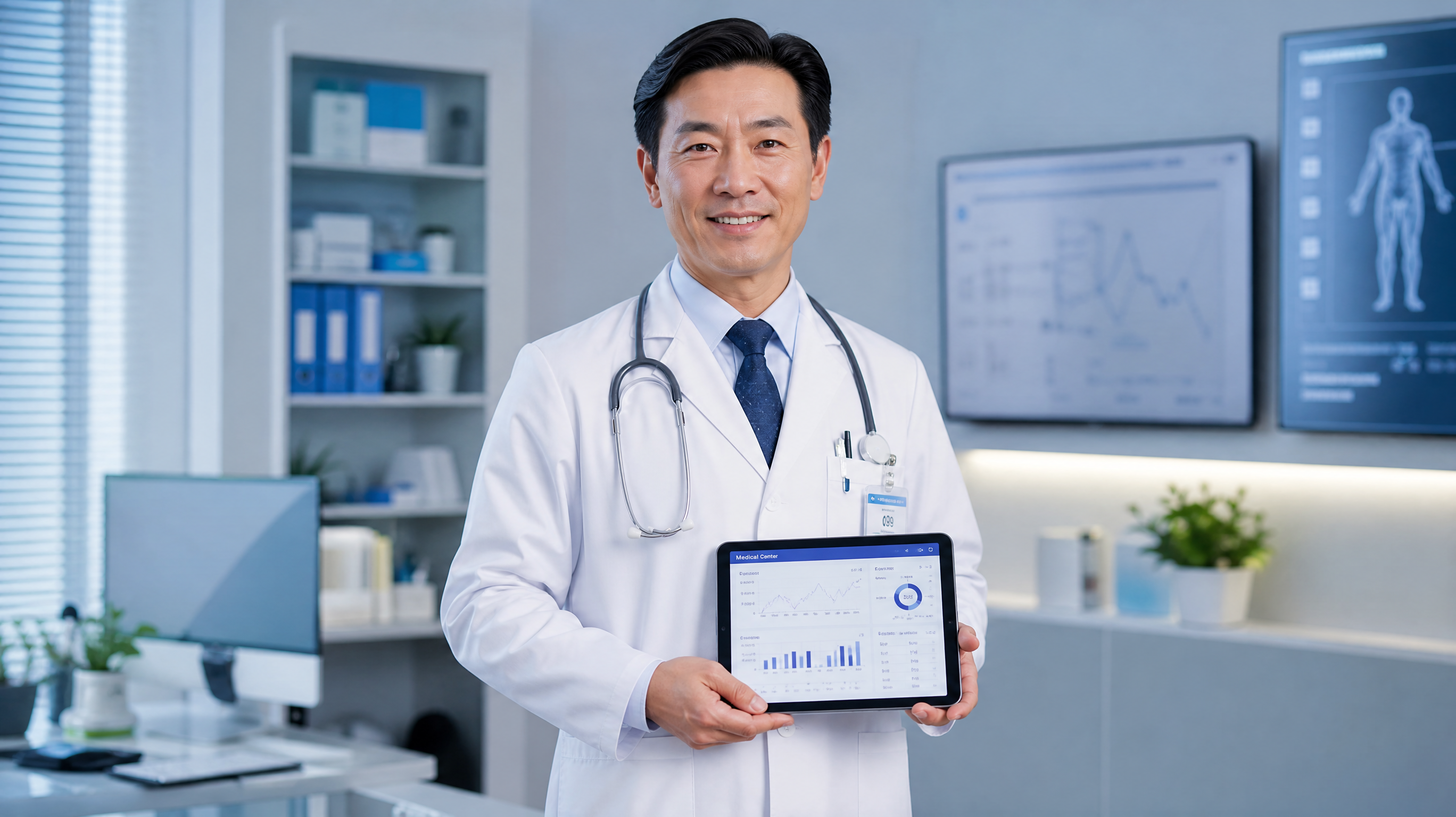 A professional male Chinese doctor in his 40s, wearing a white coat, smiling warmly and confidently, holding a digital tablet with medical charts. Standing in a bright, modern consultation room with blue and white tones. Cinematic lighting, photorealistic, 8k, highly detailed.