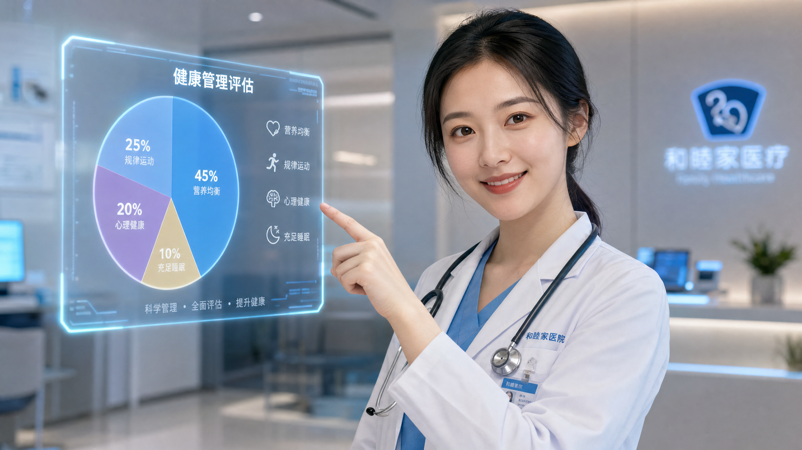 A professional young Chinese female doctor wearing a white coat, standing in front of a modern clinic background, pointing at a floating holographic pie chart with a friendly and reassuring smile, cinematic lighting, photorealistic, ultra-detailed. --ar 3:4