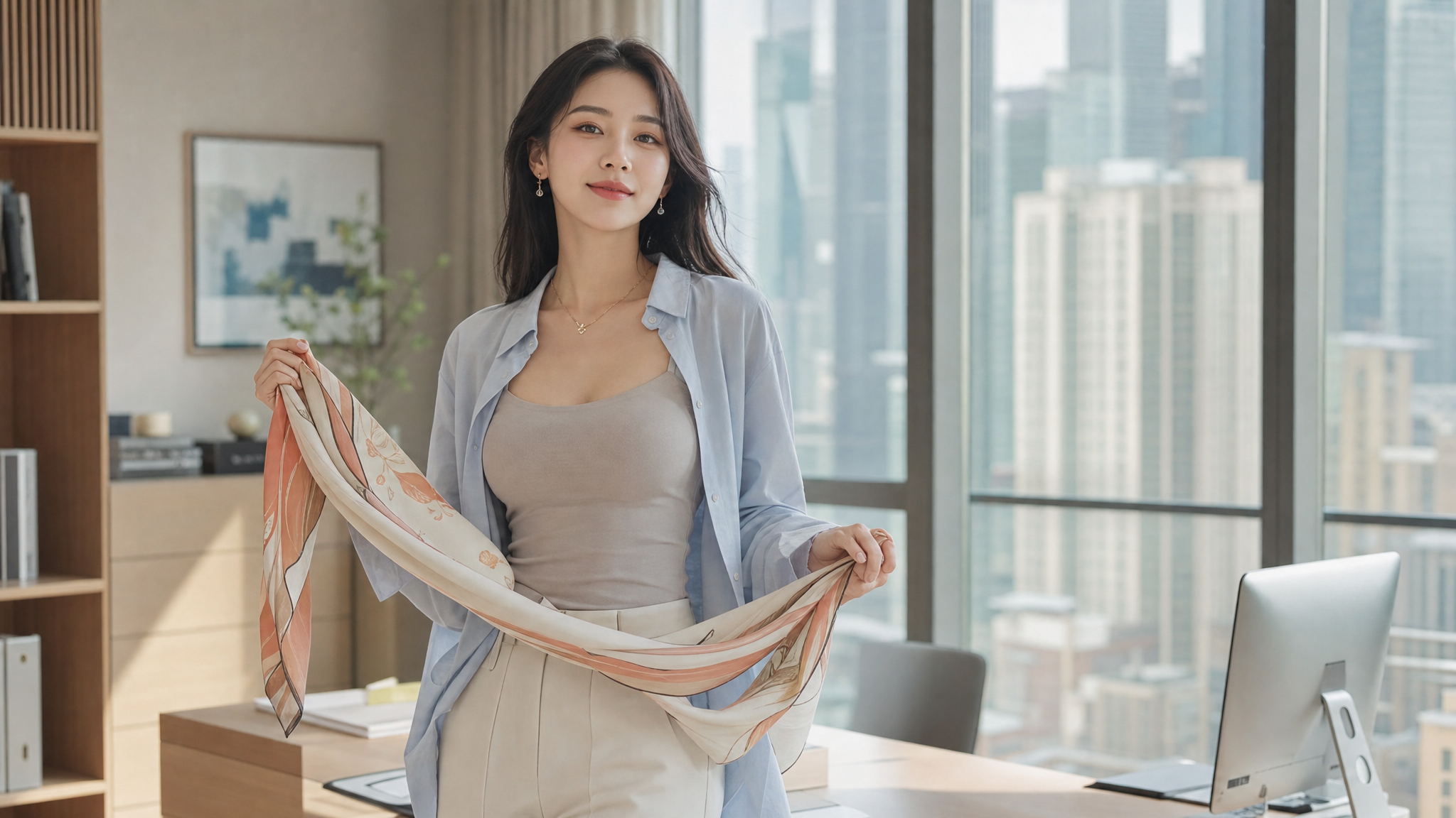 A stylish young Chinese woman standing in a modern office, wearing layered summer clothing: a seamless camisole, a light unbuttoned shirt, and holding a thin elegant scarf. She looks confident and comfortable. Soft natural light coming from the window, soft pastel colors, high fashion editorial style, ultra-detailed, 8k.