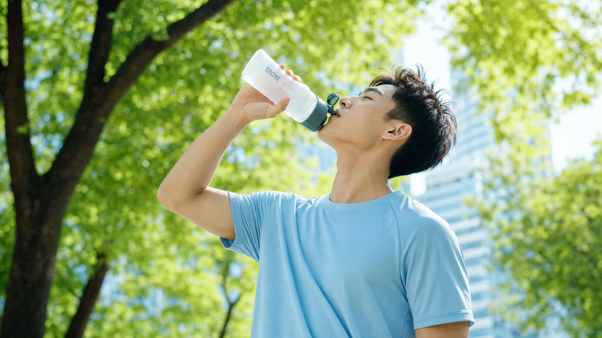 A healthy, energetic young Chinese man wearing loose, breathable light blue sportswear, drinking water from a sports bottle in a bright summer park. Sunlight filtering through green leaves, fresh and clean atmosphere, dynamic pose, shallow depth of field, bright and airy color palette, photorealistic, 8k. --ar 3:4