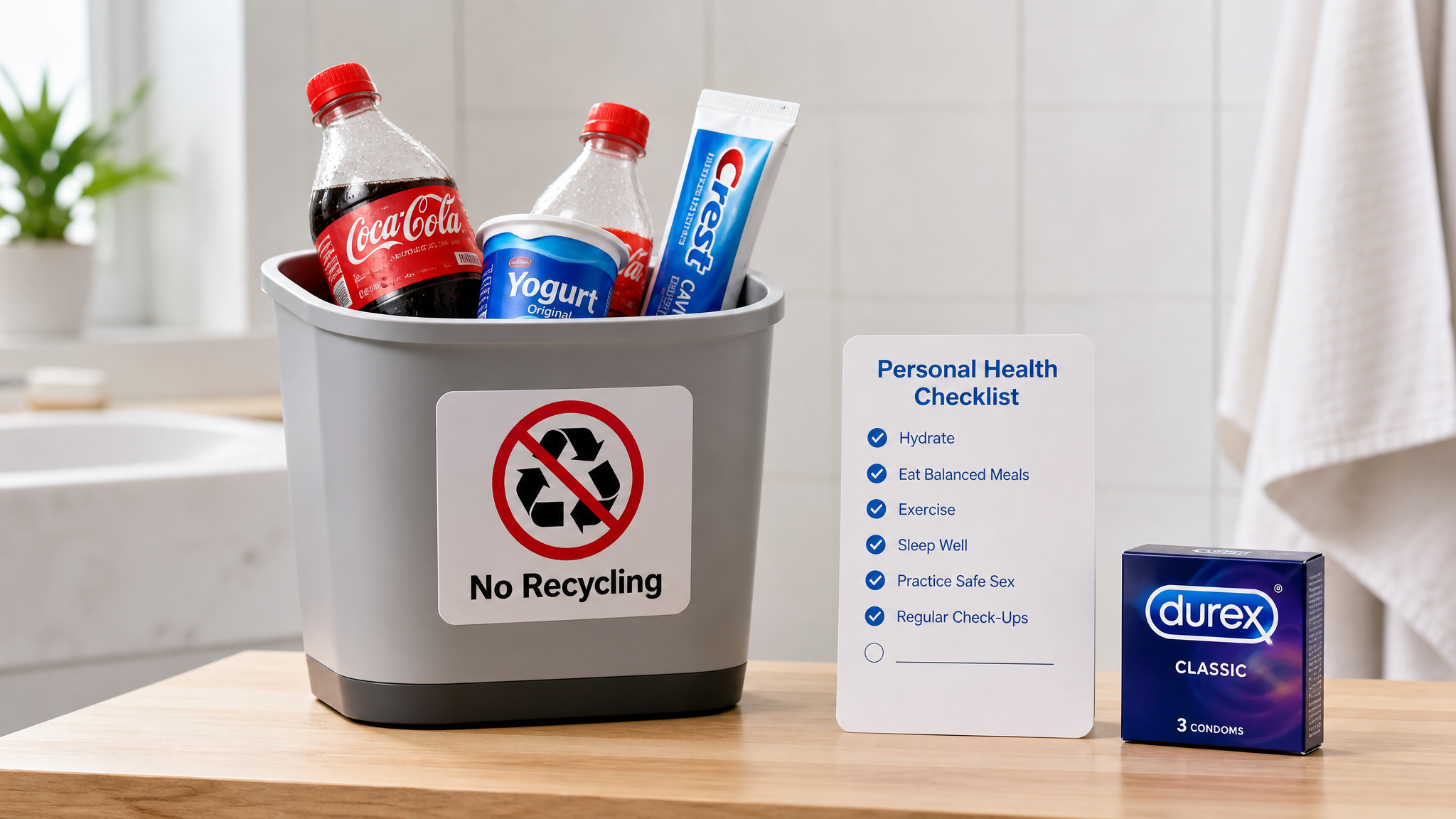 A creative still-life photography. A modern trash bin labeled with a 
