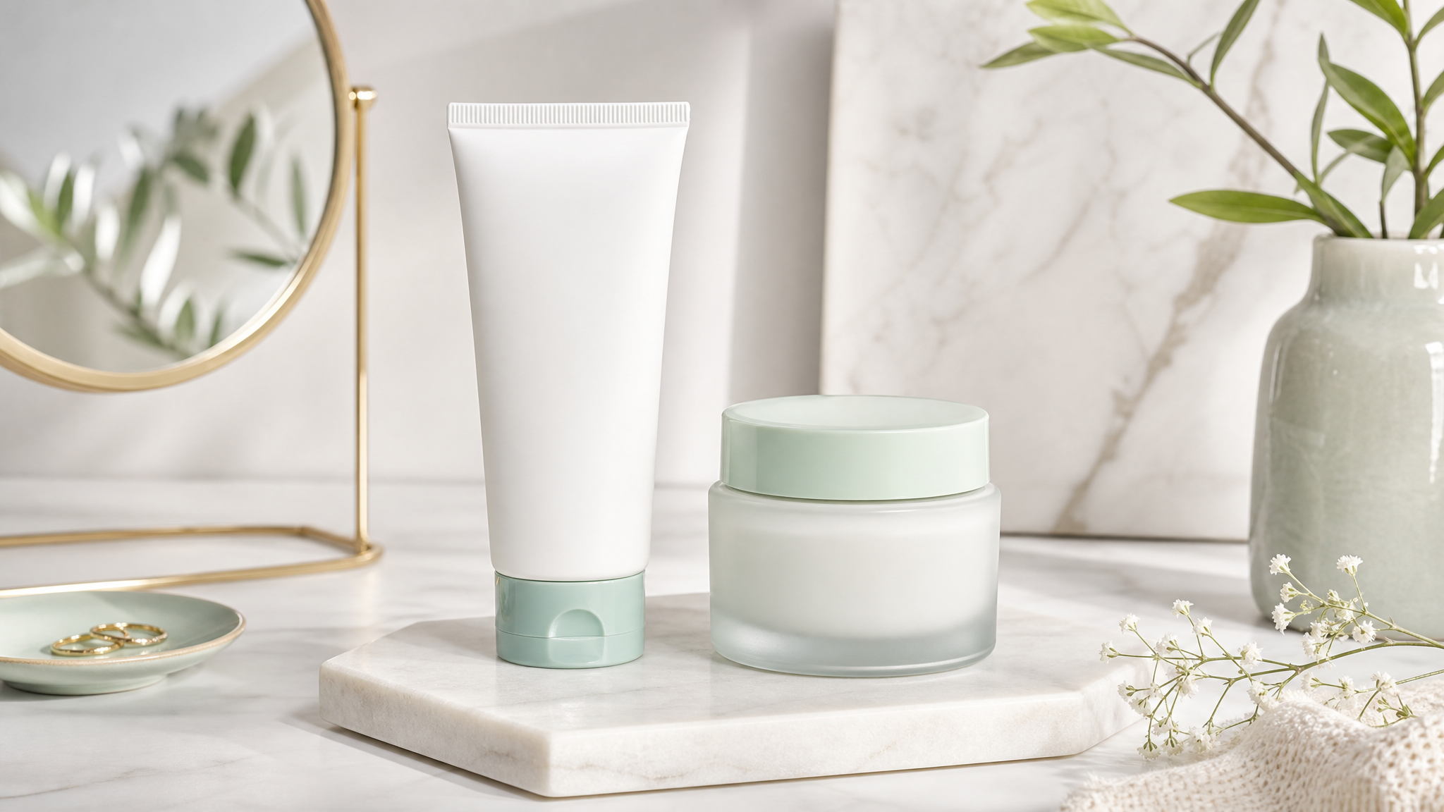 A minimalist flat lay of skincare products on a clean vanity desk. The color palette features creamy white and soft mint green. A tube of physical sunscreen and a gentle moisturizer are beautifully arranged. Soft studio lighting, aesthetic, clean and fresh vibe, high-end commercial product photography, 8k.