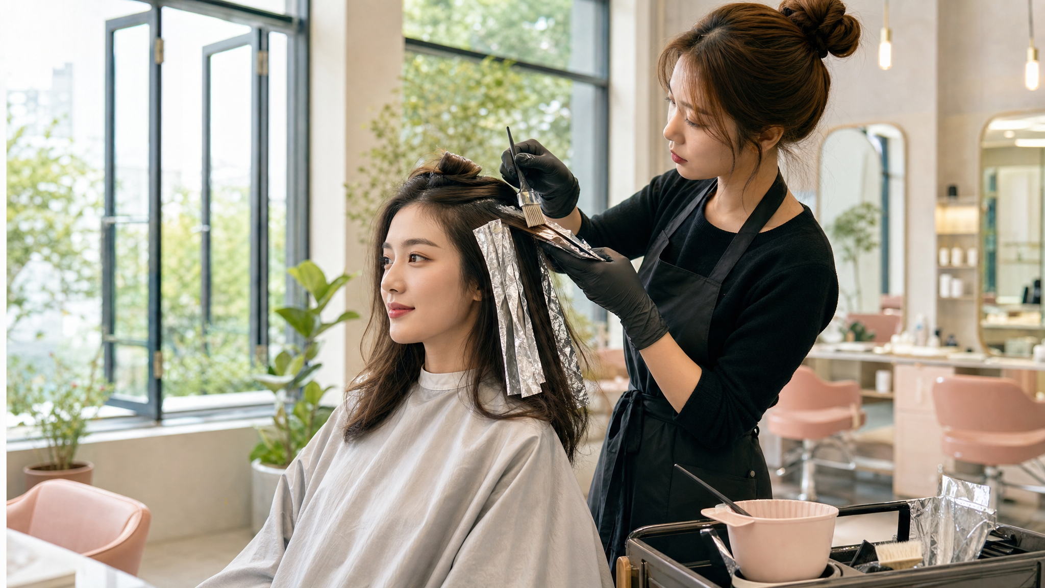 A young elegant Chinese woman in a bright, well-ventilated modern hair salon, wearing a salon cape, a stylist is carefully applying hair dye using foil highlights to avoid scalp contact. Large windows with fresh air, soft natural lighting, pastel tones, cozy and safe atmosphere, highly detailed, cinematic lighting, DALL-E 3 style, --ar 3:4