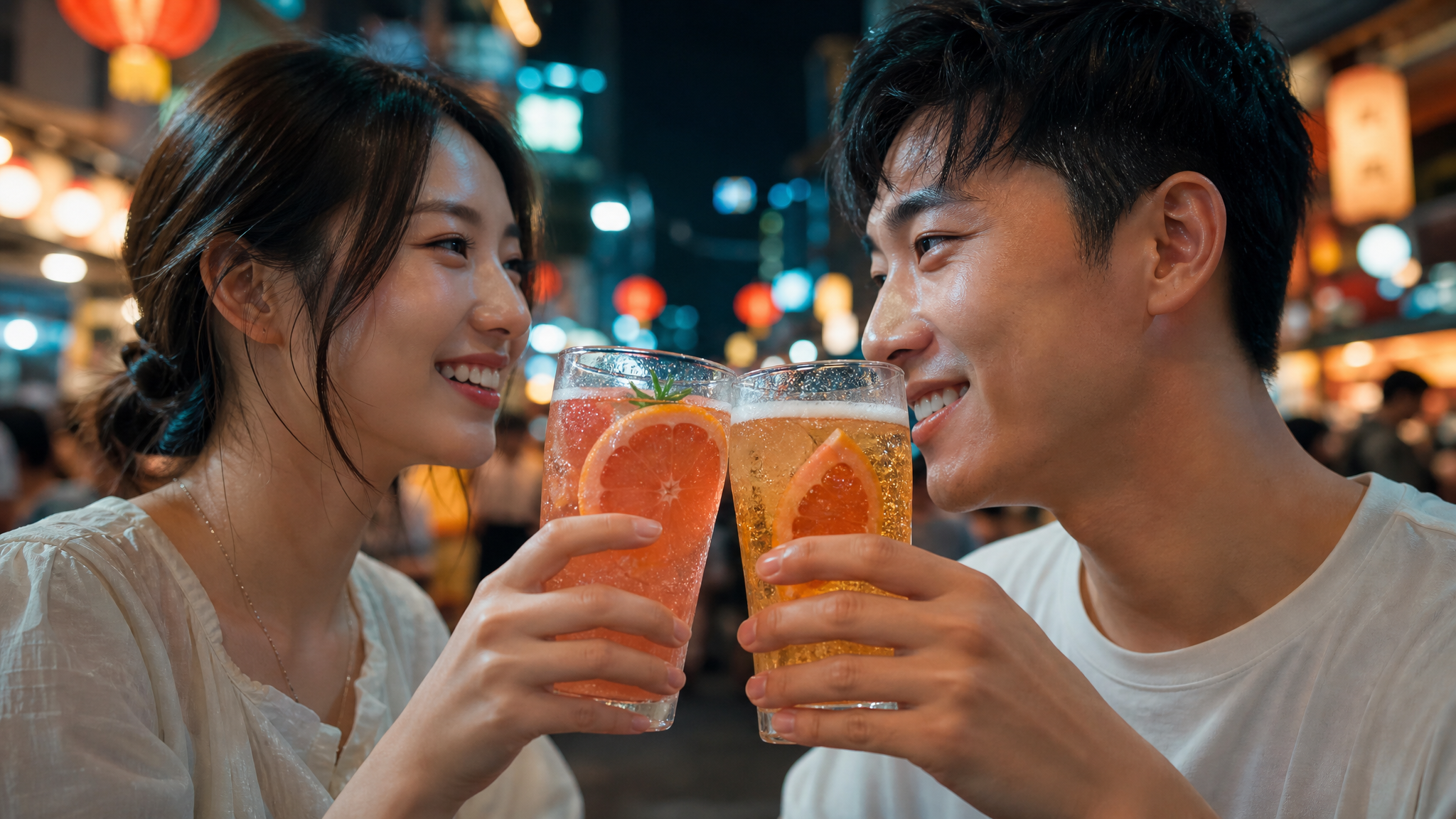 Close-up shot of two young Chinese people clinking glasses filled with sparkling grapefruit water and 0.0% alcohol-free beer at a night market. Fresh fruit slices visible in the glass, condensation on the glass surface, joyful mood, bokeh background with night market lights, ultra-realistic, 8k.
