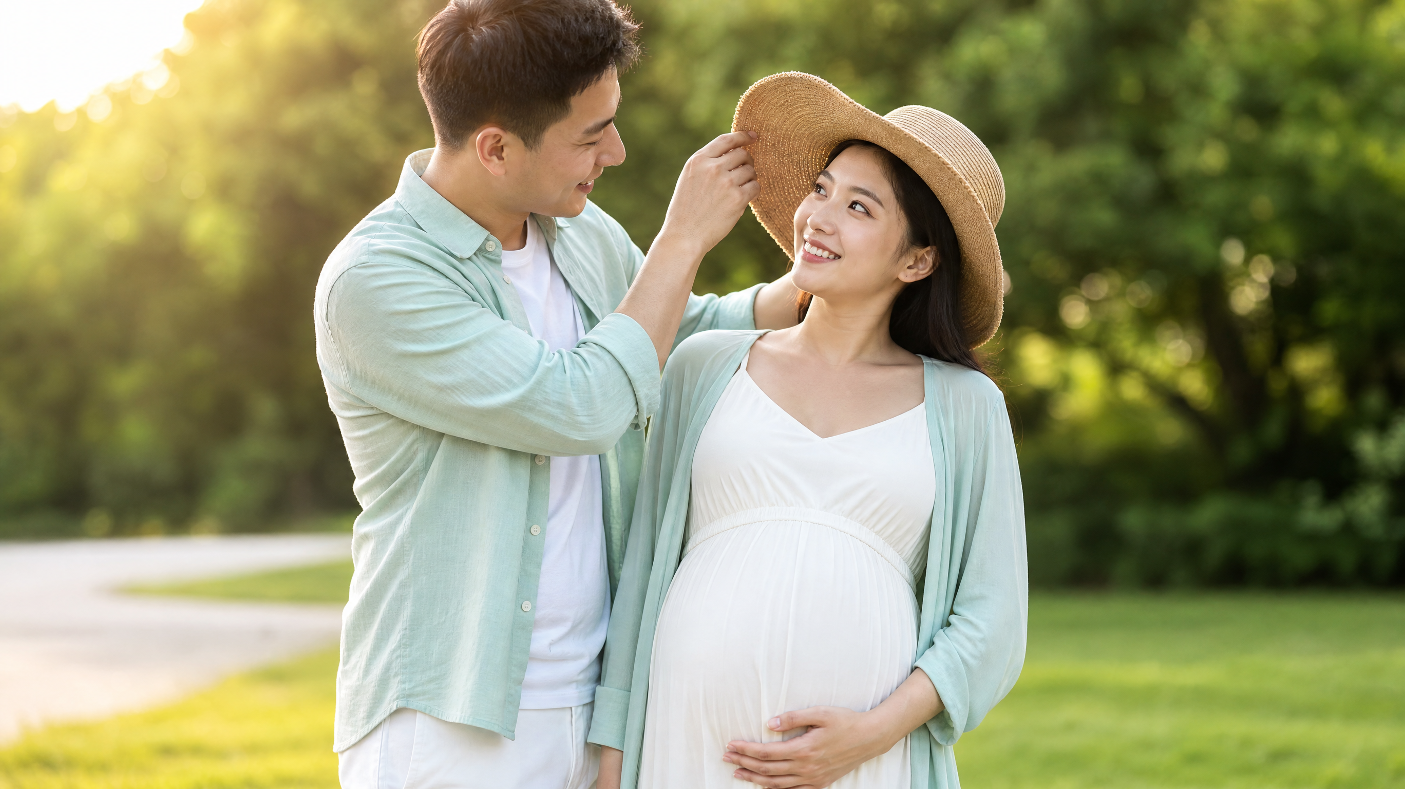 A heartwarming scene of a young Chinese husband gently placing a sun hat on his pregnant wife's head, showing care and support. The wife is smiling happily. Bright summer outdoor background with blurred green trees, warm sunlight, mint green and white clothing, highly detailed, realistic photography, emotional connection, cinematic lighting, 8k --ar 3:4