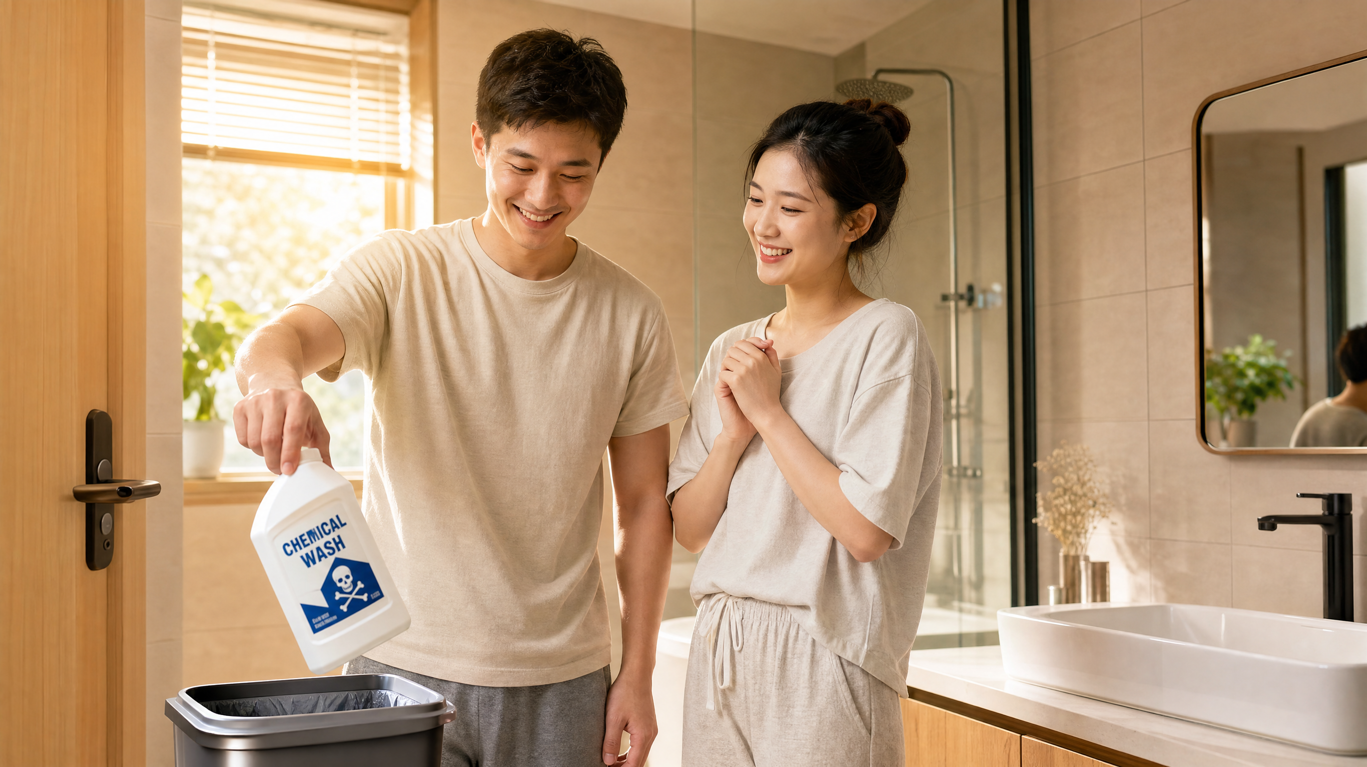 A happy young Chinese couple standing together in a bright modern bathroom, the husband is smiling and throwing a plastic bottle of chemical wash into the trash bin, the wife is smiling with relief, warm sunlight filtering through the window, warm beige tones, cozy and positive atmosphere, photorealistic, ultra-detailed, 8k --ar 3:4
