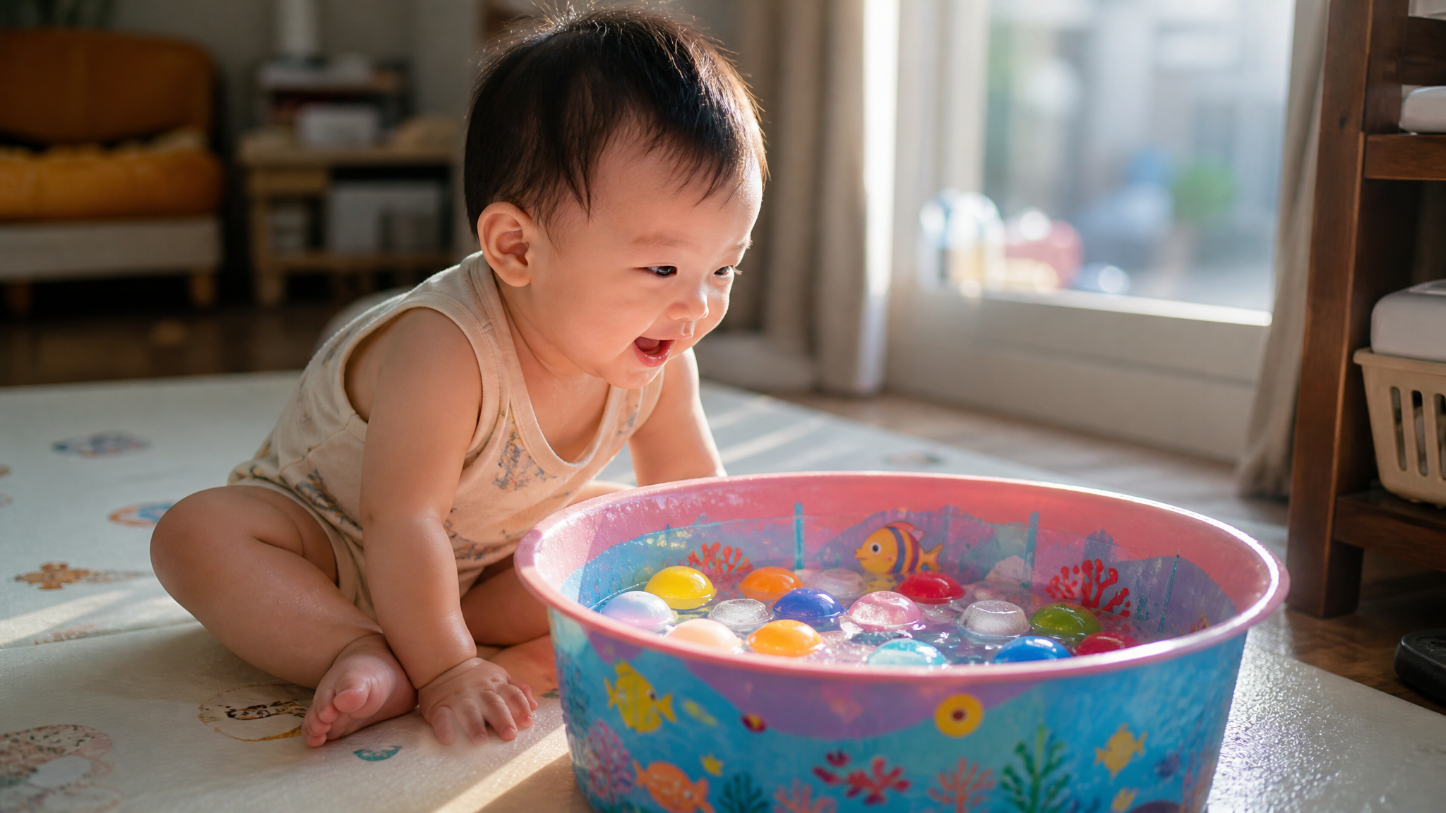 A cute 1-year-old Chinese baby sitting indoors on a waterproof mat, looking excitedly at a colorful basin filled with water, floating colorful plastic balls, and small ice cubes. Bright natural sunlight from the window, cinematic lighting, photorealistic, 8k resolution, shot on 35mm lens, soft pastel colors, joyful atmosphere --ar 3:4