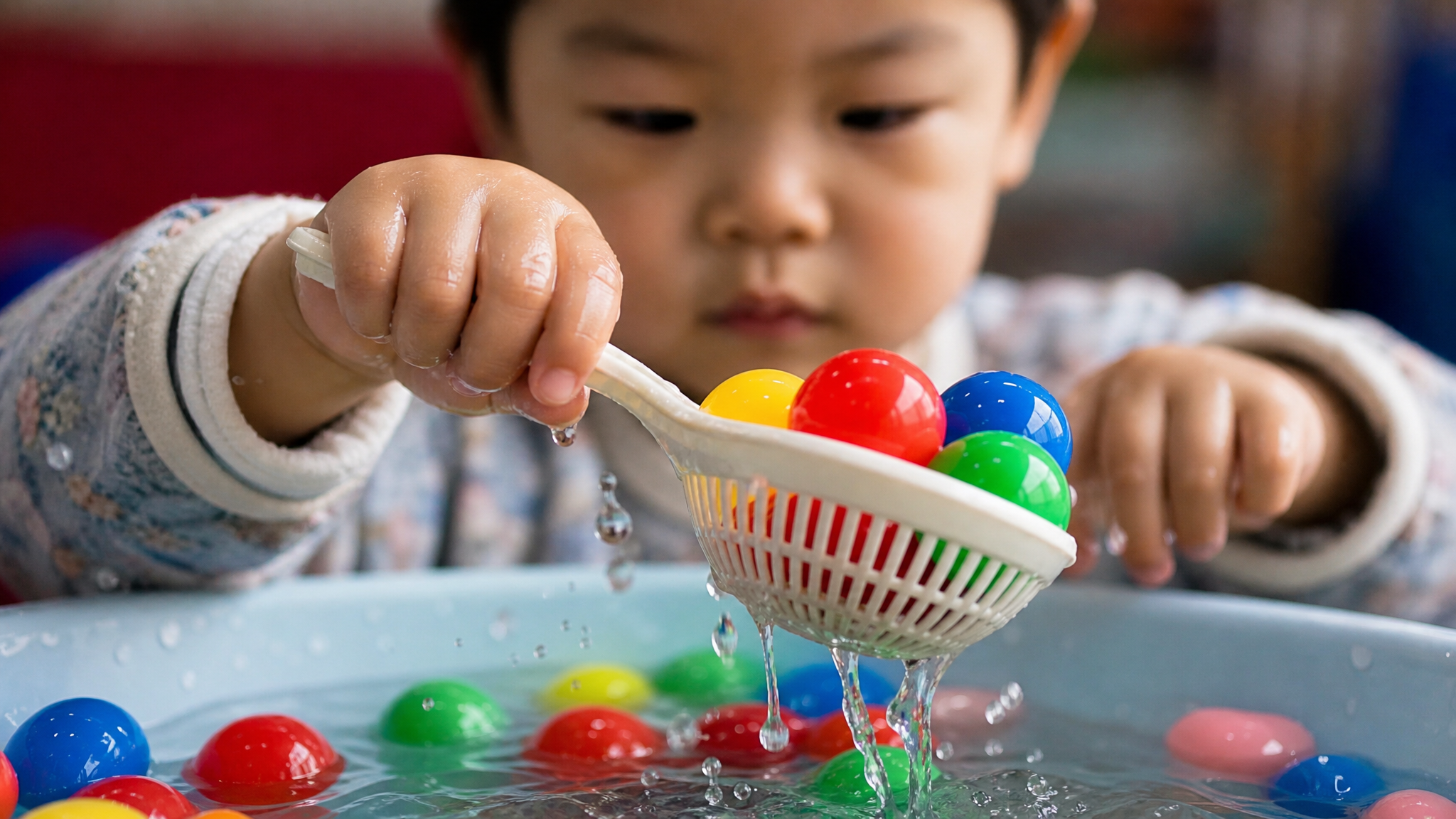 Close up of a Chinese toddler's hands using a small plastic slotted spoon to scoop colorful ocean balls from a basin of water, focused expression, water droplets splashing, vibrant colors, soft indoor lighting, educational play, high detail, macro photography style --ar 3:4