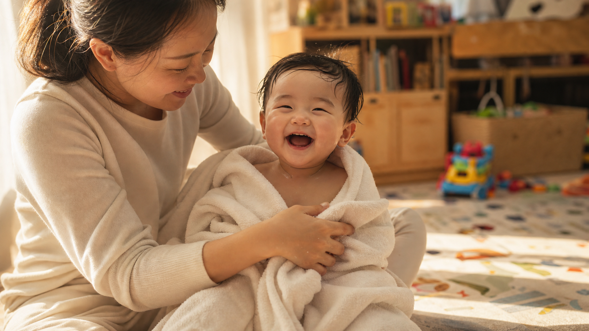 A gentle Chinese mother wrapping her laughing baby in a fluffy white towel after water play, sitting on a soft play mat, intimate and loving atmosphere, warm golden hour indoor lighting, cinematic lighting, ultra-realistic, highly detailed --ar 3:4