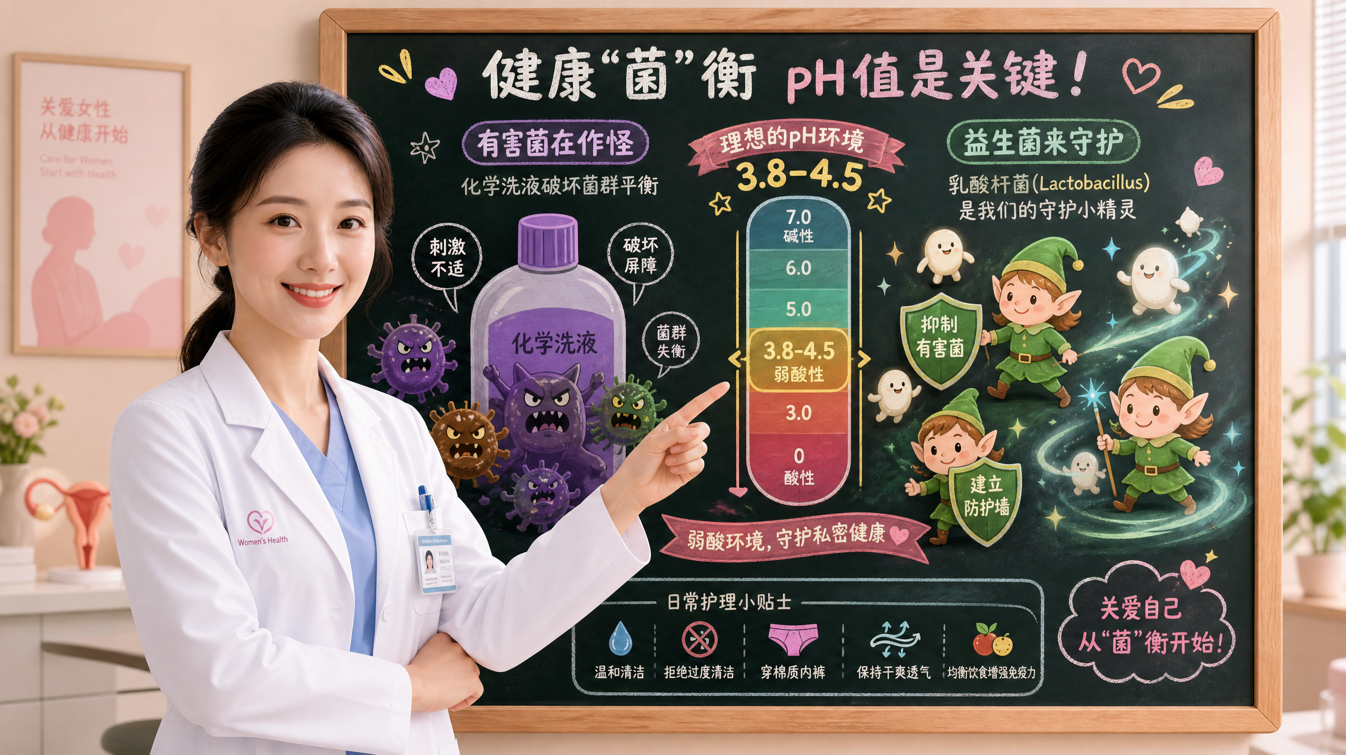 A professional and friendly Chinese female gynecologist wearing a white coat, standing in front of a cute illustrative chalkboard. The chalkboard shows a fun comparison: on the left, a chemical bottle with ugly little monster germs; on the right, cute little guardian elves representing lactobacillus, with a pH scale of 3.8-4.5 in the middle. Bright and clean clinic environment, soft lighting, Pixar-style 3D illustration mixed with realism, high quality.