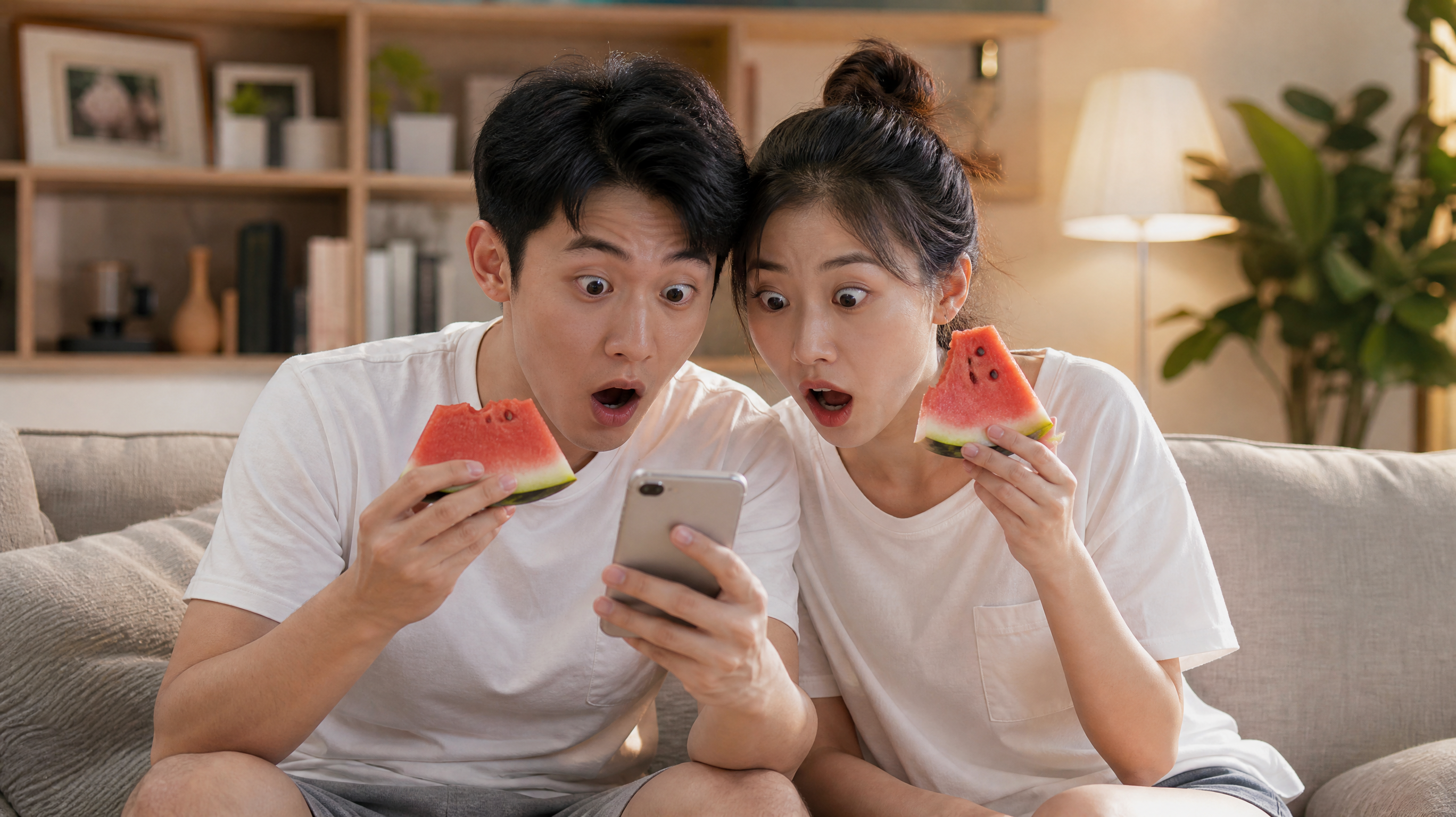 A young Chinese couple sitting on a cozy living room sofa, looking at a smartphone together with shocked and exaggerated expressions, eating watermelon slices, bright and warm indoor lighting, casual lifestyle photography, realistic, 8k resolution, highly detailed. --ar 3:4