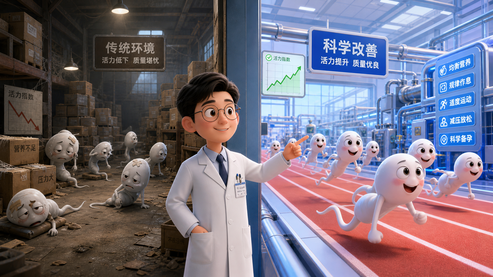 A creative 3D illustration, split-screen composition. Left side: a dusty warehouse with stacked boxes, tired and old cartoon sperm characters looking exhausted. Right side: a bright, modern factory producing energetic, healthy cartoon sperm characters running on a track. In the foreground, a young Chinese doctor in a white coat is pointing at the right side with an approving smile. High quality, vibrant colors, soft studio lighting, Pixar style. --ar 4:3