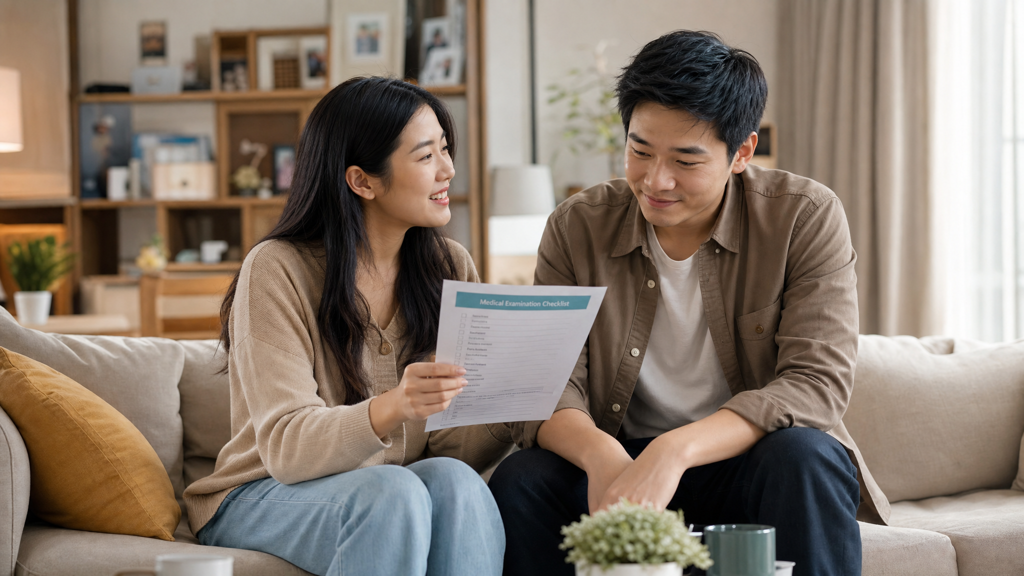 A realistic photograph of a young Chinese couple sitting on a cozy living room sofa. The wife is gently holding a medical checklist and smiling, talking to her husband. The husband looks slightly shy but is listening attentively with a warm smile. Soft natural lighting, warm and inviting atmosphere, high resolution, 8k, cinematic lighting, shot on 35mm lens. --ar 3:4